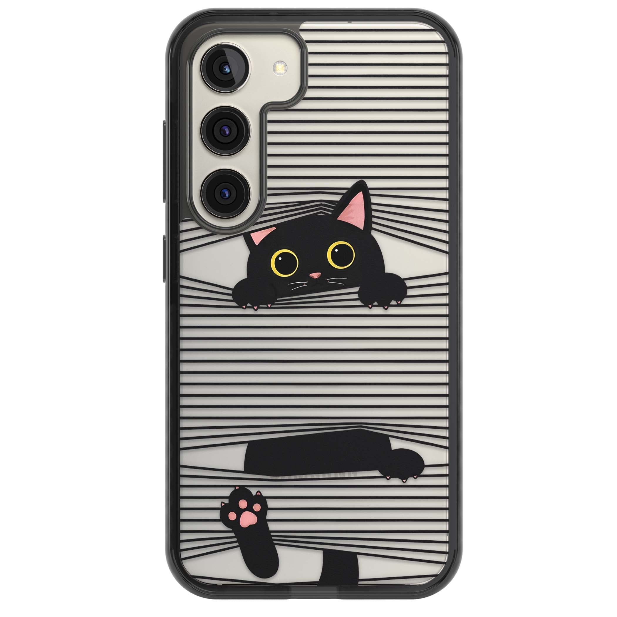 Peek-a-Boo Cat minimal iPhone case featuring black cat peeking through horizontal black and white stripes | Black Impact case for Samsung Galaxy S24, Samsung Galaxy S23, Samsung Galaxy S22