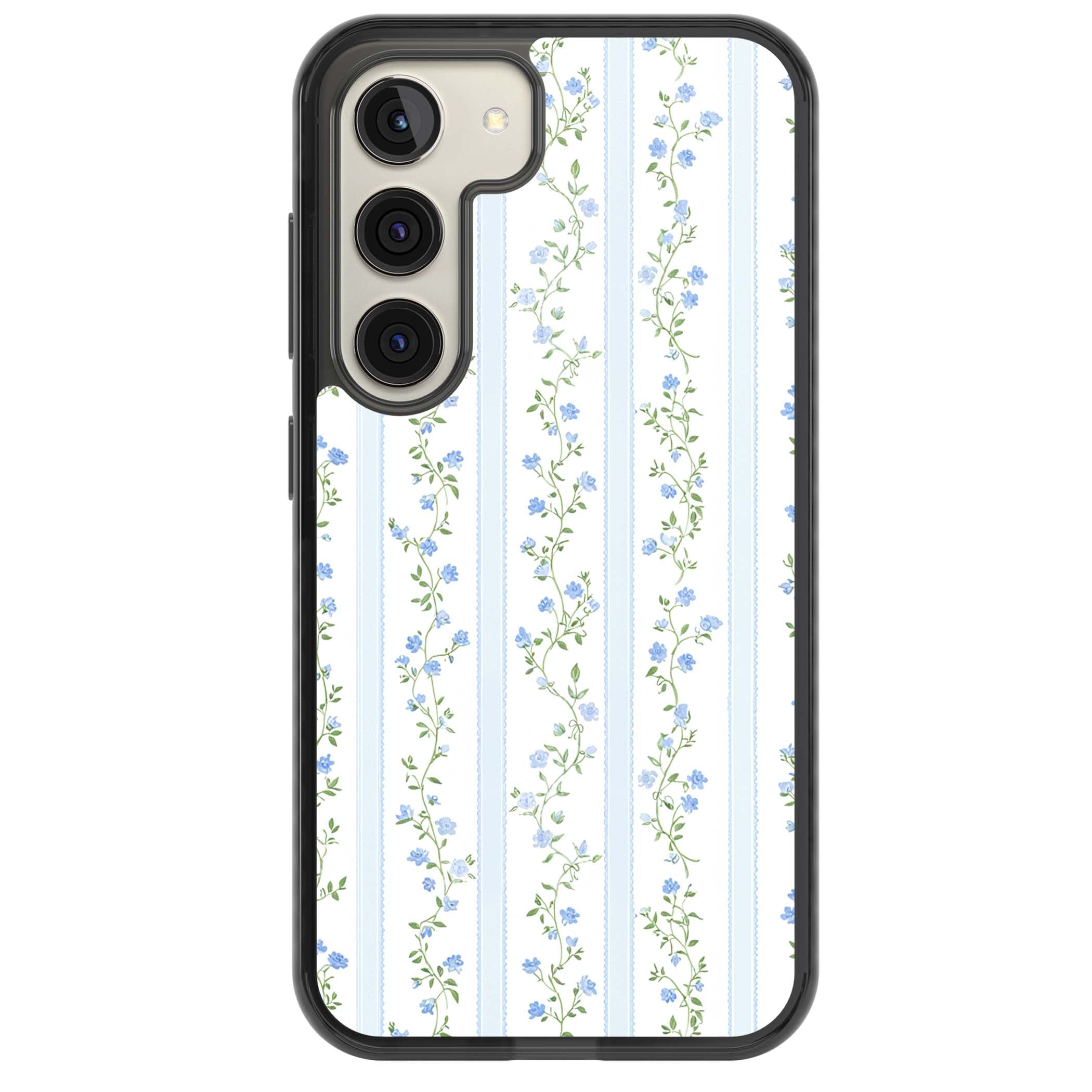 Bluebell Vine cottagecore iPhone case featuring climbing blue roses, trailing green vines, and pale ticking stripes | Black Impact case for Samsung Galaxy S24, Samsung Galaxy S23, Samsung Galaxy S22