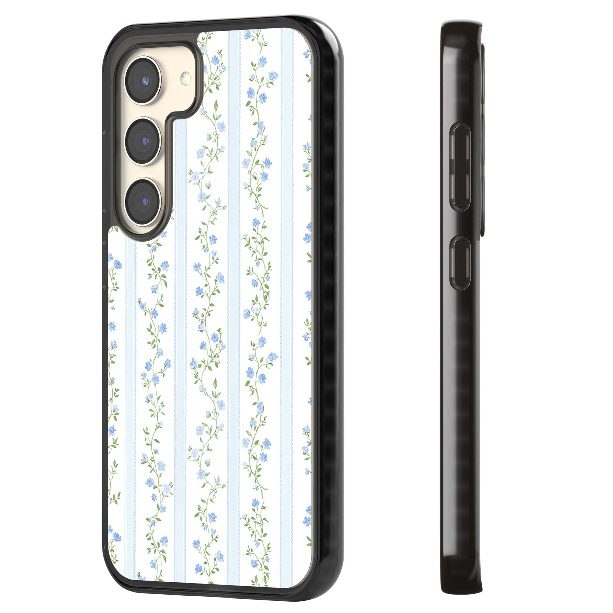 Bluebell Vine cottagecore iPhone case featuring climbing blue roses, trailing green vines, and pale ticking stripes | Black Impact case for Samsung Galaxy S24, Samsung Galaxy S23, Samsung Galaxy S22