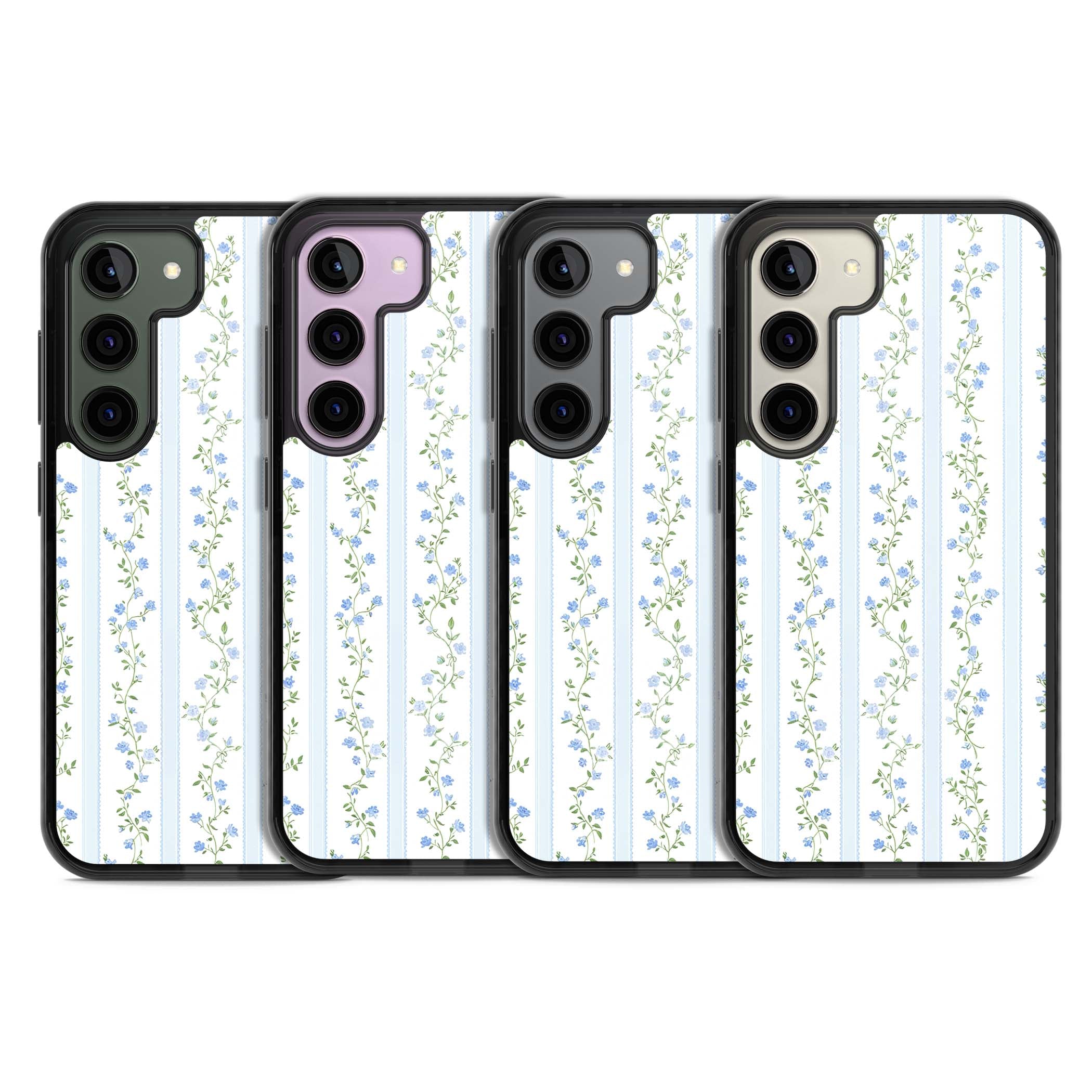 Bluebell Vine cottagecore iPhone case featuring climbing blue roses, trailing green vines, and pale ticking stripes | Black Impact case for Samsung Galaxy S24, Samsung Galaxy S23, Samsung Galaxy S22