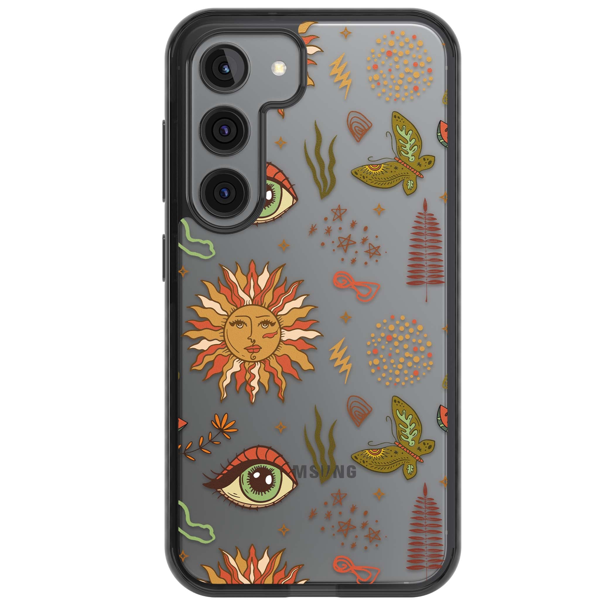 Elevate Your Phone'S Style With This Boho Celestial Sun & Eye Phone Case, Featuring A Mystical Blend Of Suns, All-Seeing Eyes, Butterflies, Stars, And