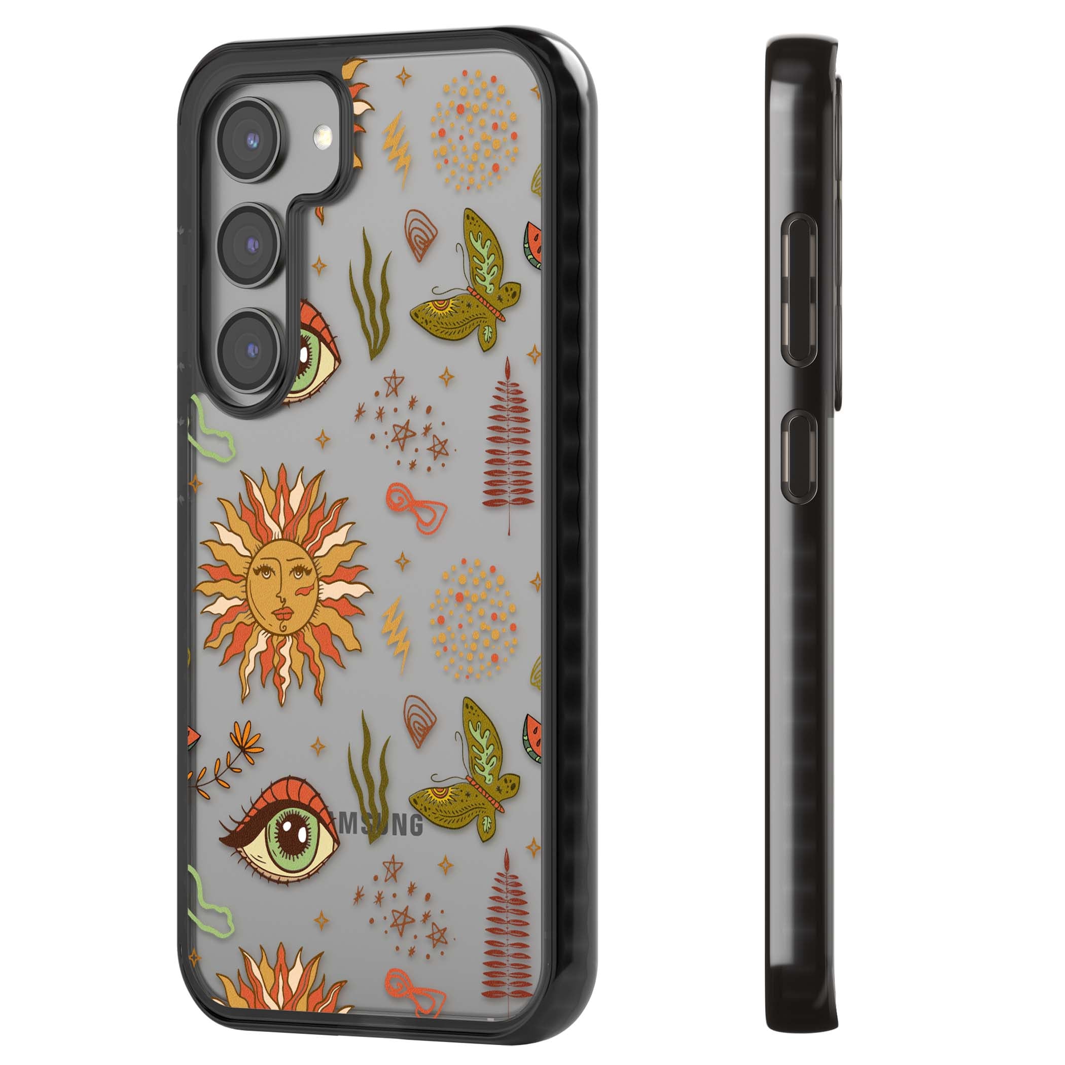 Elevate Your Phone'S Style With This Boho Celestial Sun & Eye Phone Case, Featuring A Mystical Blend Of Suns, All-Seeing Eyes, Butterflies, Stars, And