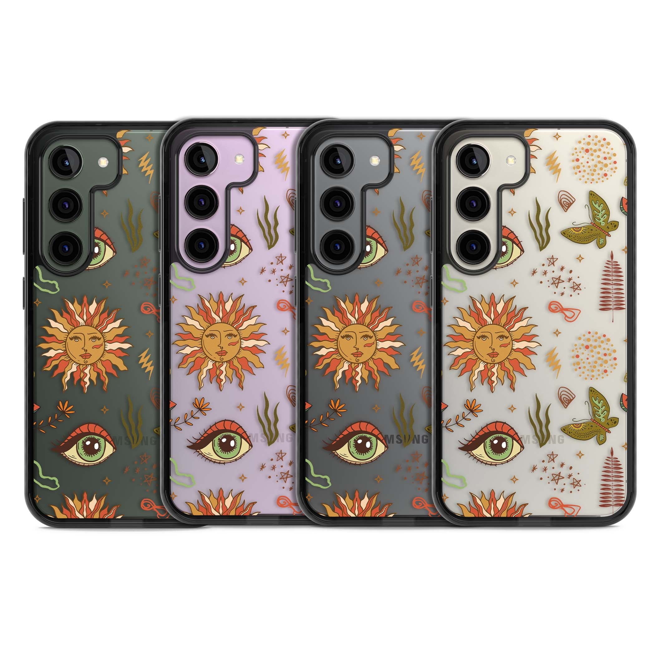 Elevate Your Phone'S Style With This Boho Celestial Sun & Eye Phone Case, Featuring A Mystical Blend Of Suns, All-Seeing Eyes, Butterflies, Stars, And