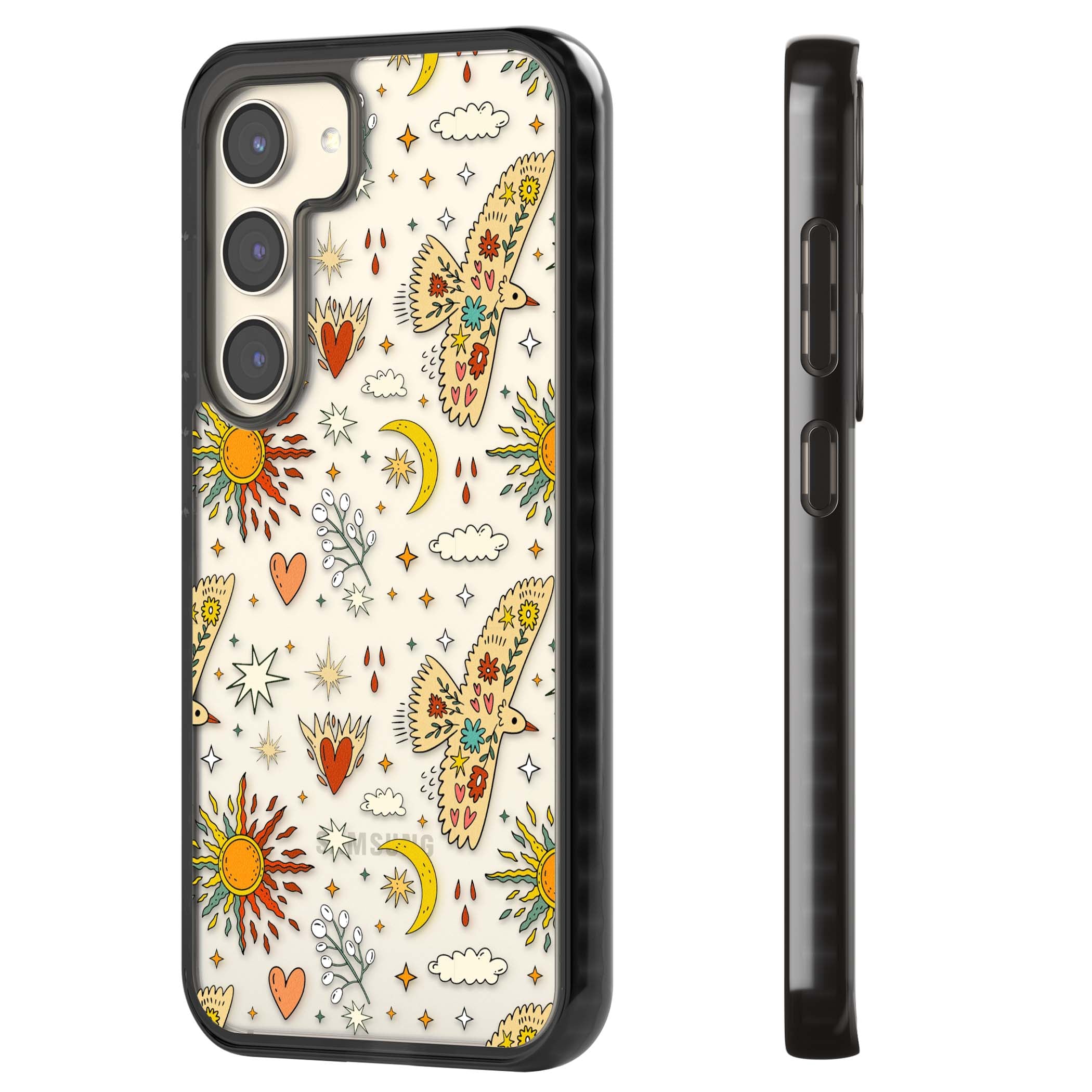 Elevate Your Phone'S Style With This Boho Celestial Sun & Eye Phone Case, Featuring A Mystical Blend Of Suns, All-Seeing Eyes, Butterflies, Stars, And