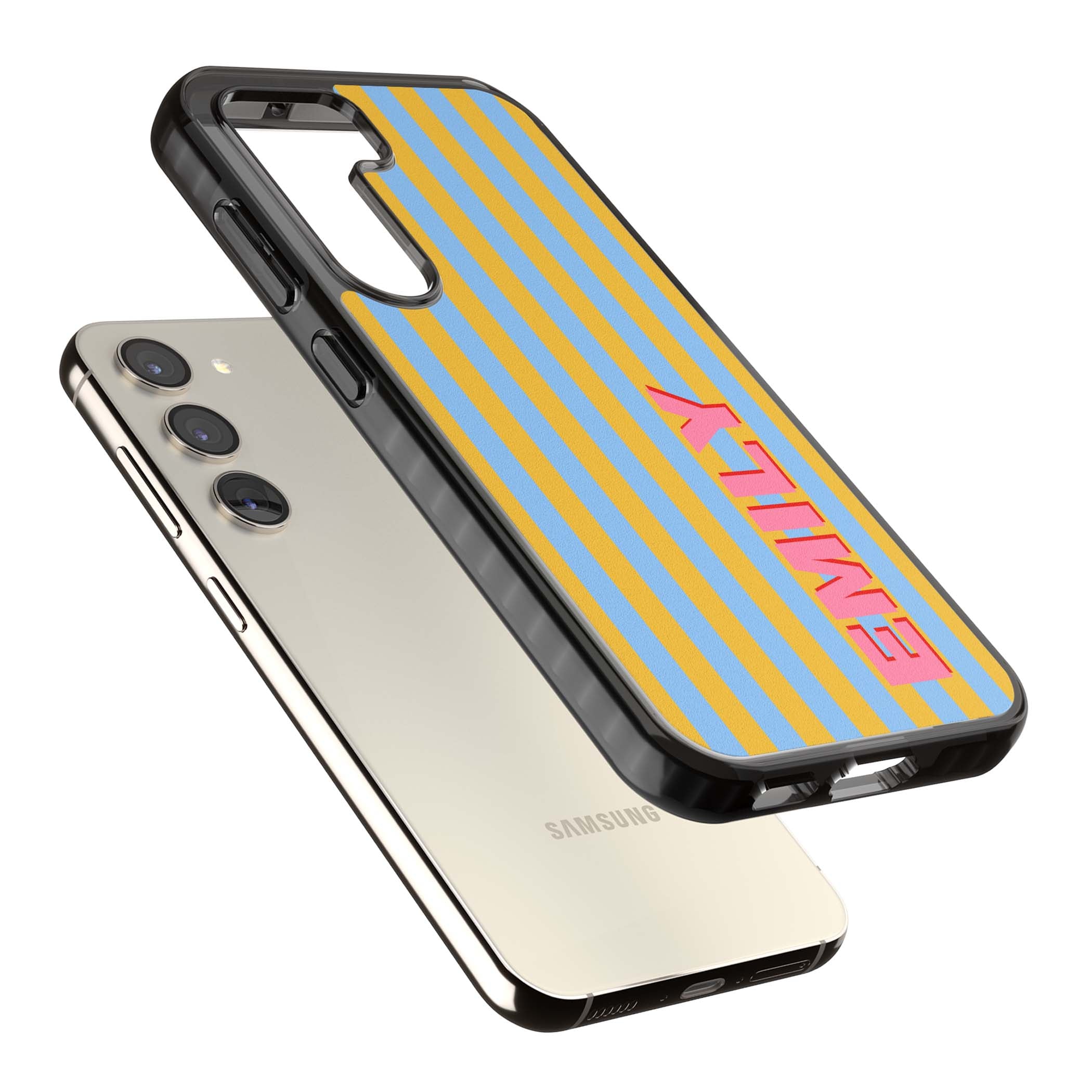 Carribean Stripe personalised coastal iPhone case with yellow and blue vertical stripes and a custom pink name | Black Impact case for Samsung Galaxy S24, Samsung Galaxy S23, Samsung Galaxy S22