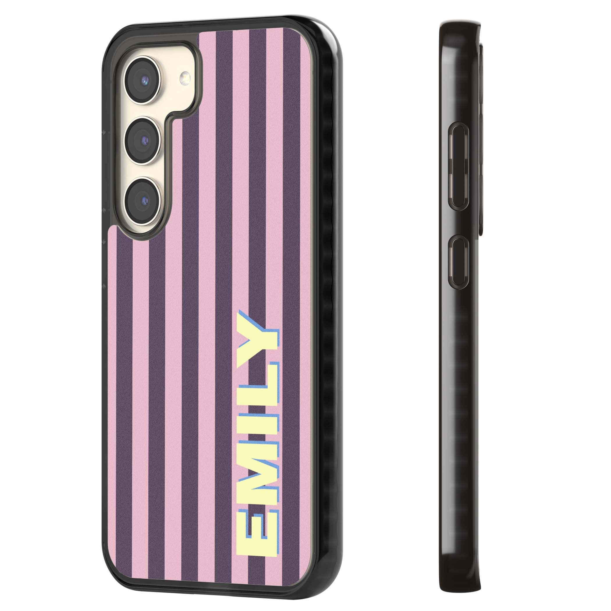 Tyre Stripe personalised stripe iPhone case with plum and pink vertical stripes and custom yellow name | Black Impact case for Samsung Galaxy S24, Samsung Galaxy S23, Samsung Galaxy S22