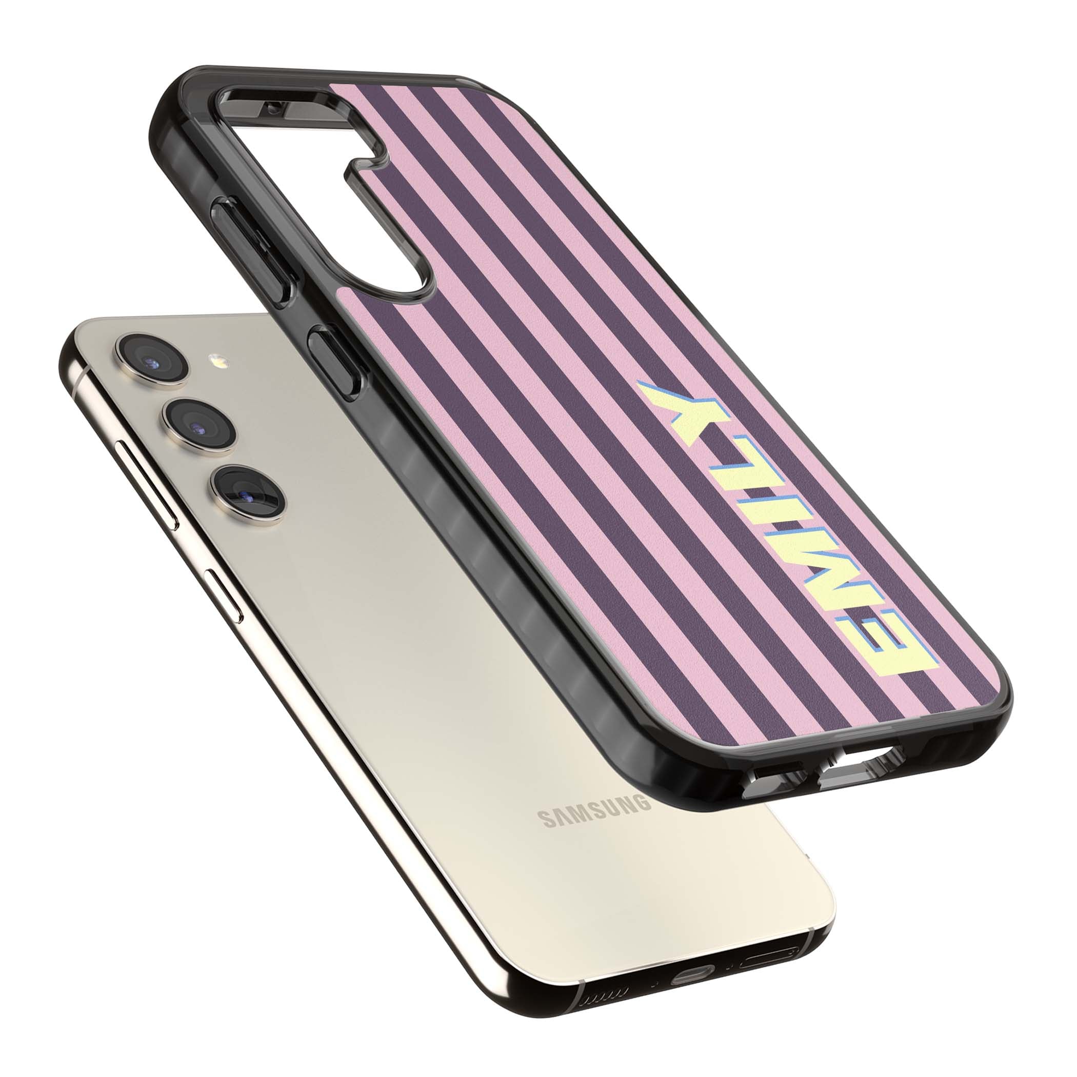 Tyre Stripe personalised stripe iPhone case with plum and pink vertical stripes and custom yellow name | Black Impact case for Samsung Galaxy S24, Samsung Galaxy S23, Samsung Galaxy S22