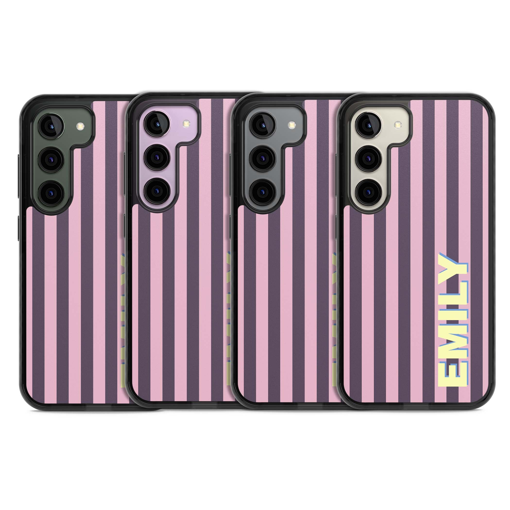 Tyre Stripe personalised stripe iPhone case with plum and pink vertical stripes and custom yellow name | Black Impact case for Samsung Galaxy S24, Samsung Galaxy S23, Samsung Galaxy S22