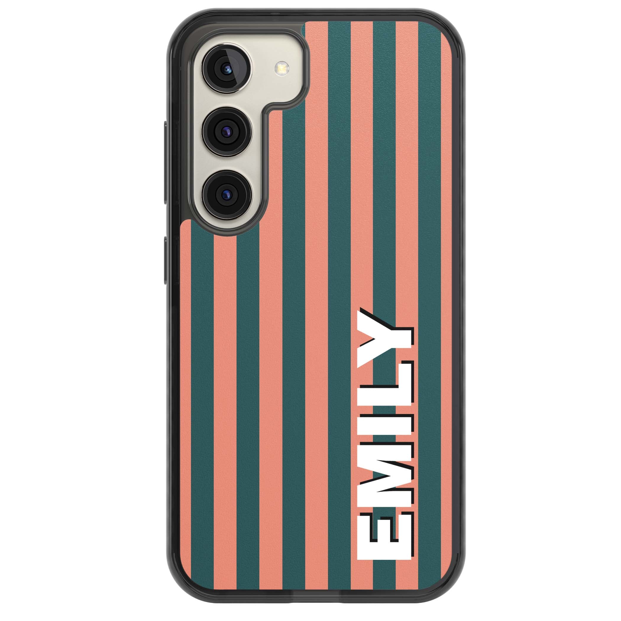 Tuscan Stripe personalised iPhone case featuring coral and green vertical stripes with bold custom name | Black Impact case for Samsung Galaxy S24, Samsung Galaxy S23, Samsung Galaxy S22