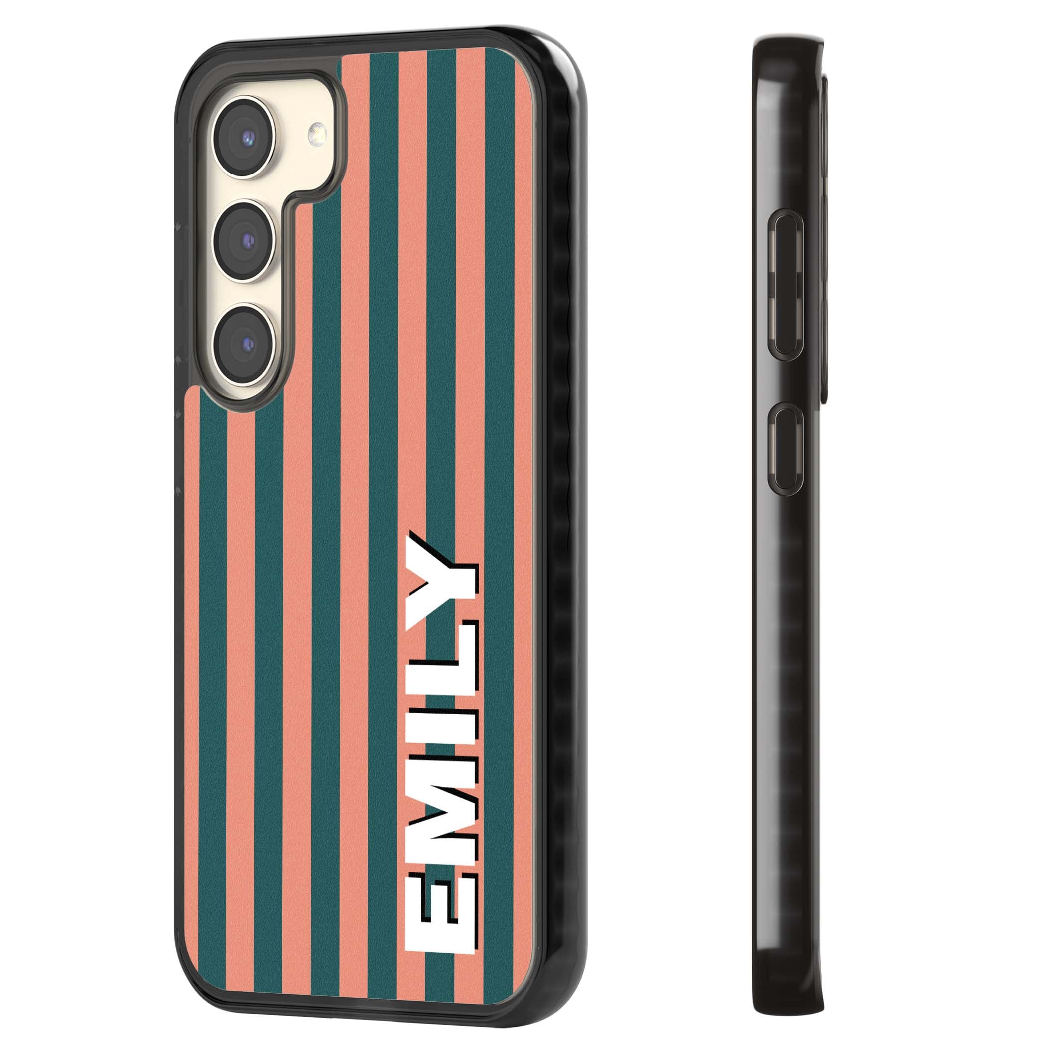 Tuscan Stripe personalised iPhone case featuring coral and green vertical stripes with bold custom name | Black Impact case for Samsung Galaxy S24, Samsung Galaxy S23, Samsung Galaxy S22