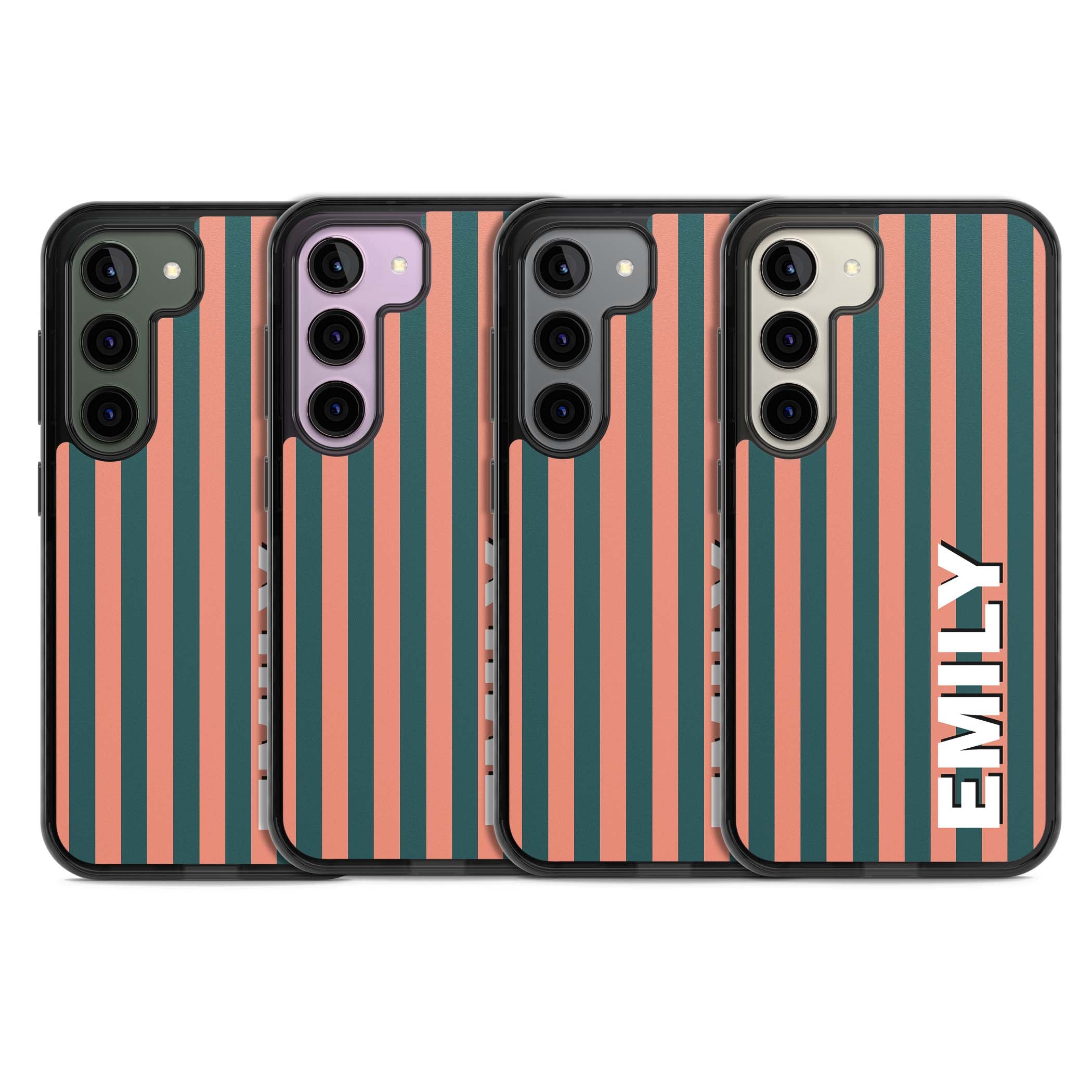 Tuscan Stripe personalised iPhone case featuring coral and green vertical stripes with bold custom name | Black Impact case for Samsung Galaxy S24, Samsung Galaxy S23, Samsung Galaxy S22