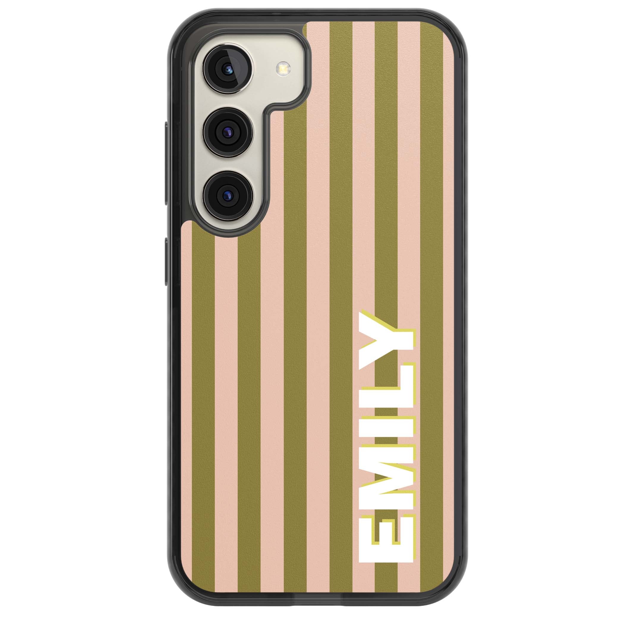 Indian Stripe personalised iPhone case featuring olive green and blush pink vertical stripes with custom name in whit | Black Impact case for Samsung Galaxy S24, Samsung Galaxy S23, Samsung Galaxy S22