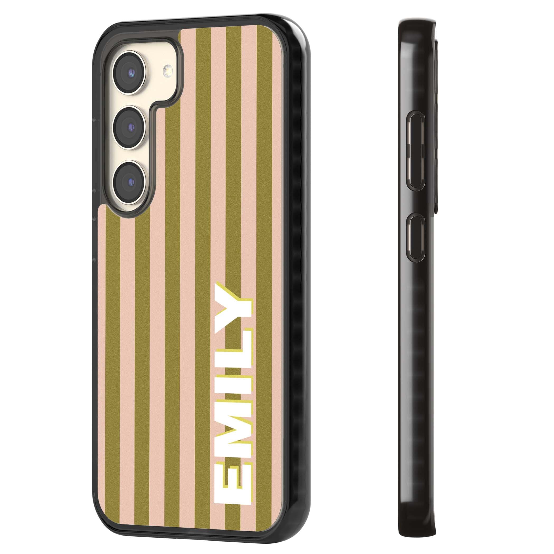 Indian Stripe personalised iPhone case featuring olive green and blush pink vertical stripes with custom name in whit | Black Impact case for Samsung Galaxy S24, Samsung Galaxy S23, Samsung Galaxy S22