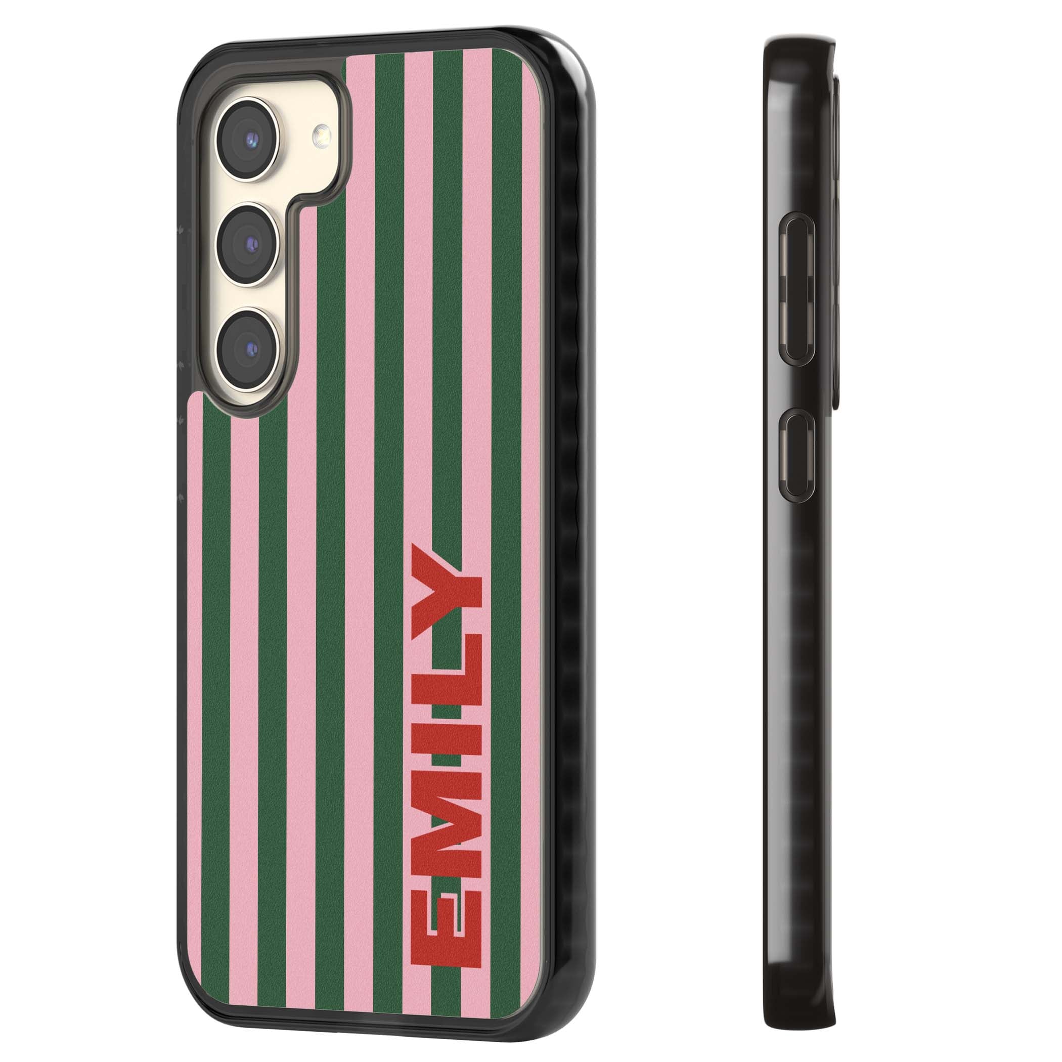 Italian Stripe preppy iPhone case featuring pink and green vertical stripes with personalised red name | Black Impact case for Samsung Galaxy S24, Samsung Galaxy S23, Samsung Galaxy S22