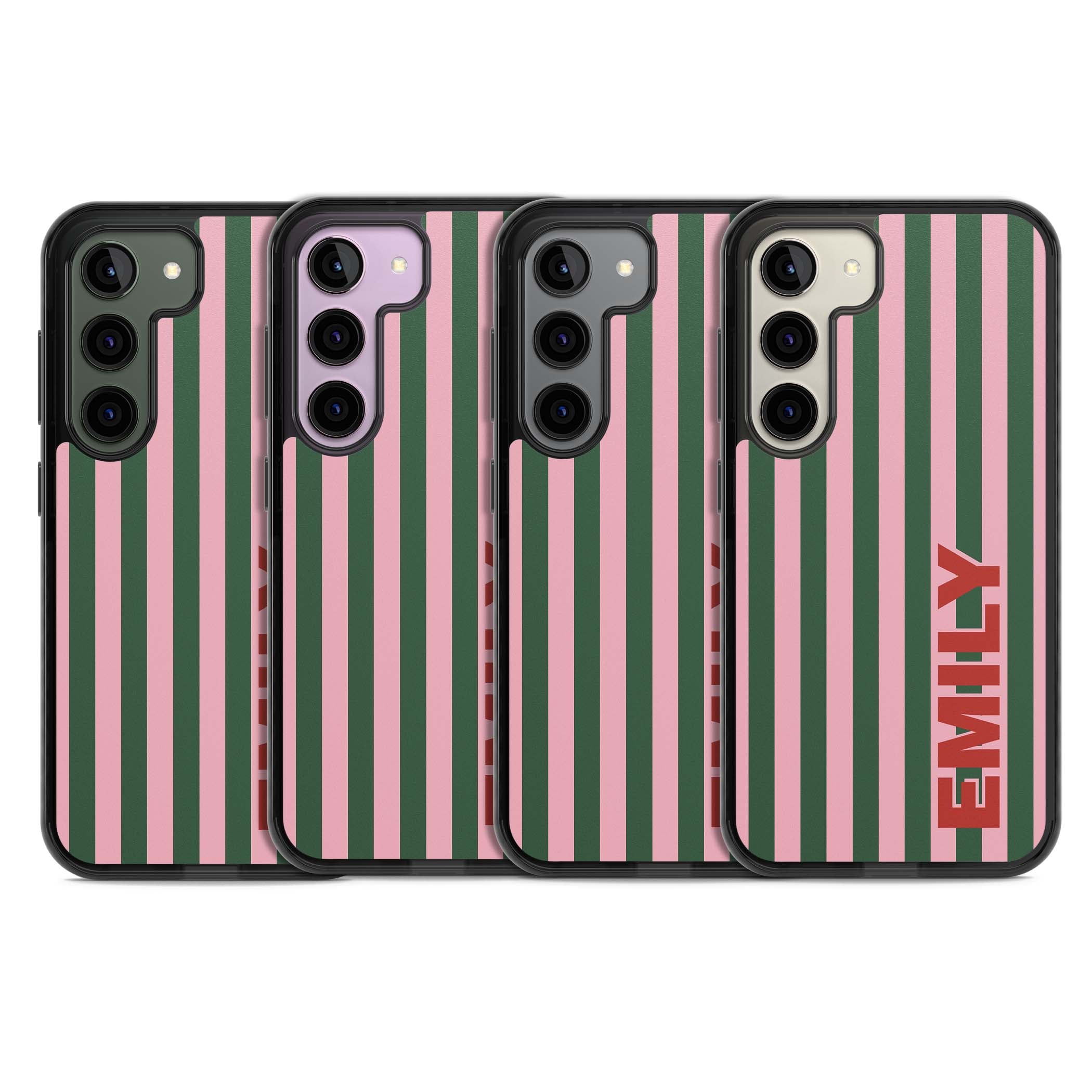 Italian Stripe preppy iPhone case featuring pink and green vertical stripes with personalised red name | Black Impact case for Samsung Galaxy S24, Samsung Galaxy S23, Samsung Galaxy S22