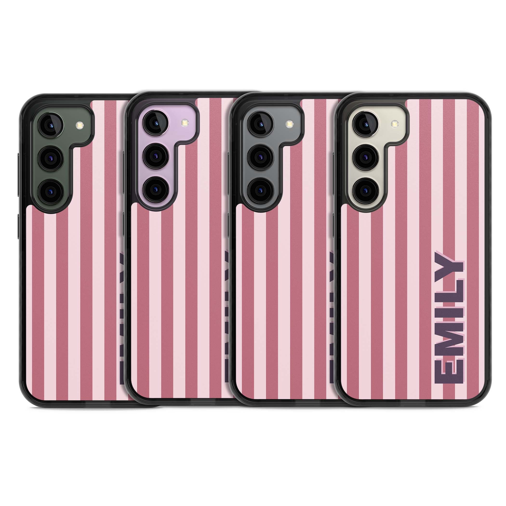 Victoria Stripe personalised iPhone case featuring pink vertical stripes and custom name in bold plum lettering | Black Impact case for Samsung Galaxy S24, Samsung Galaxy S23, Samsung Galaxy S22