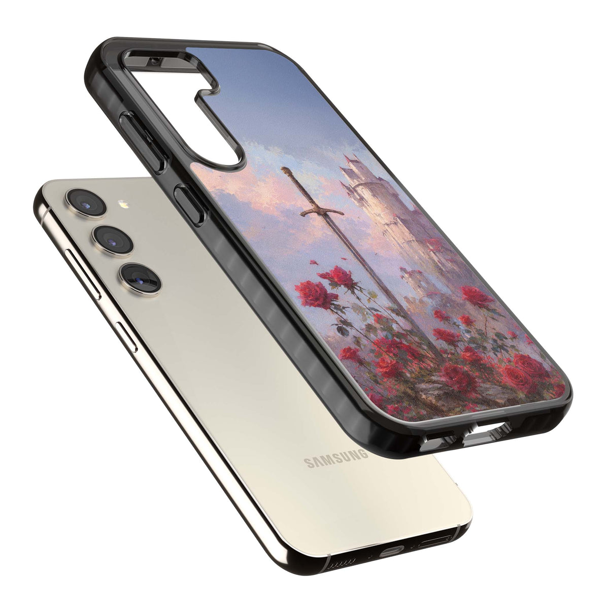 Sword in Roses medieval art iPhone case featuring a sword, red roses, and a misty fairytale castle at sunset | Black Impact case for Samsung Galaxy S24, Samsung Galaxy S23, Samsung Galaxy S22