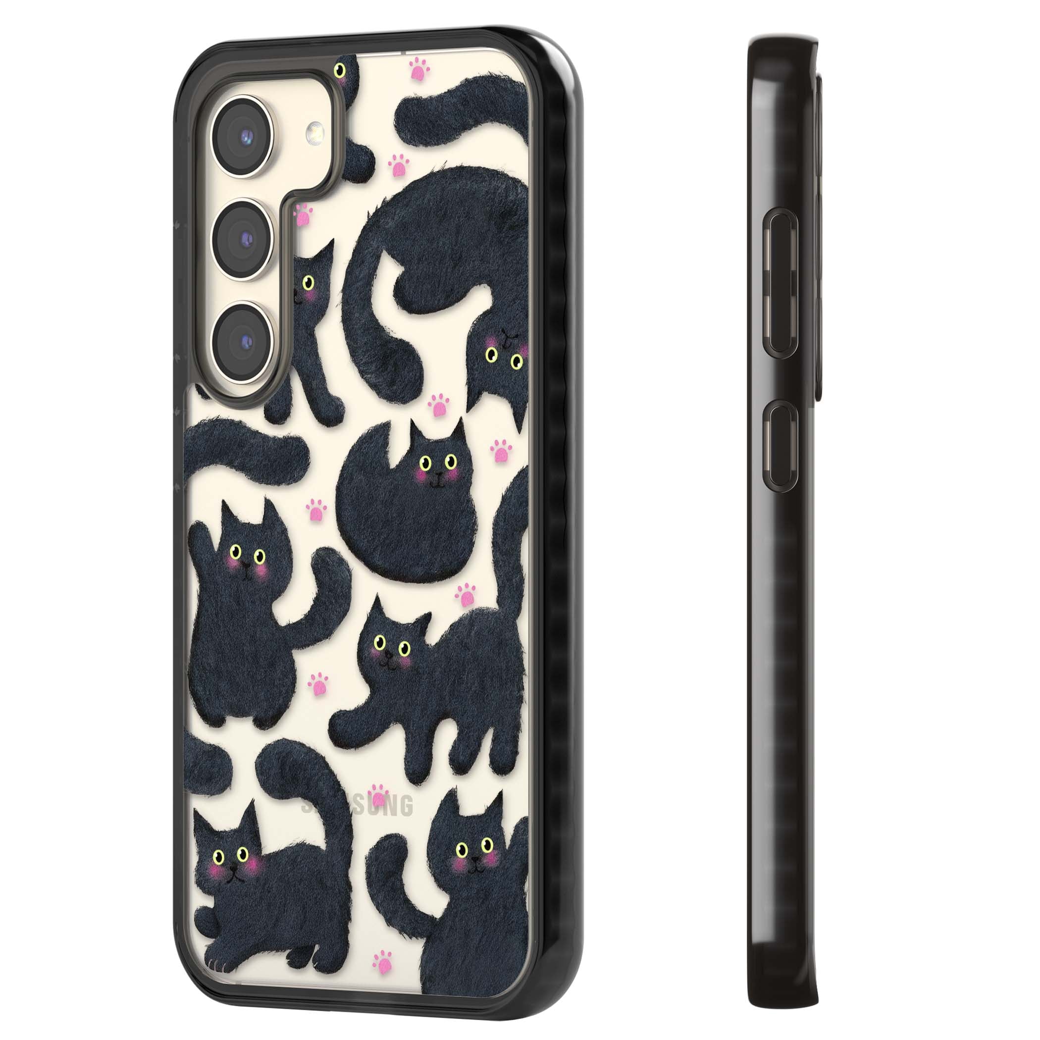 Midnight Cats cute iPhone case featuring black cat pattern with yellow eyes and pink paw prints | Black Impact case for Samsung Galaxy S24, Samsung Galaxy S23, Samsung Galaxy S22
