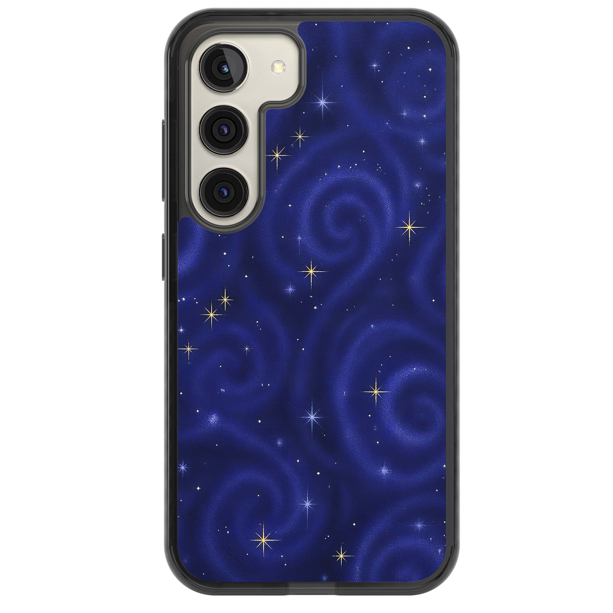 Indigo Cosmos celestial iPhone case featuring swirling navy night sky and sparkling golden stars | Black Impact case for Samsung Galaxy S24, Samsung Galaxy S23, Samsung Galaxy S22