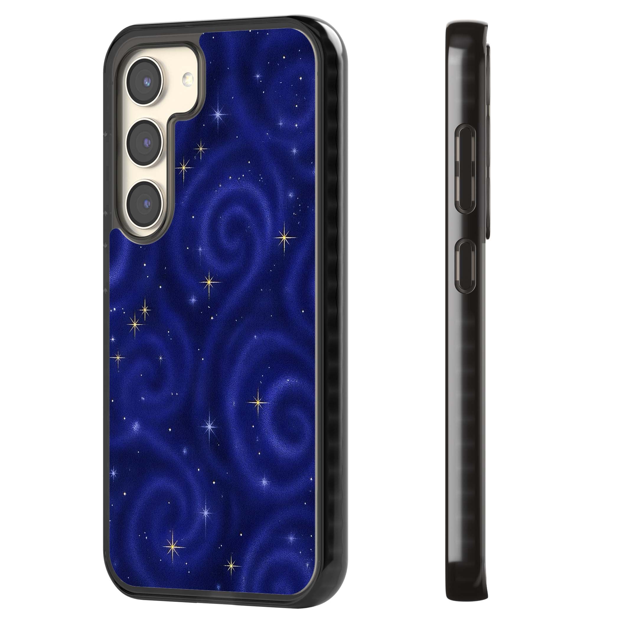 Indigo Cosmos celestial iPhone case featuring swirling navy night sky and sparkling golden stars | Black Impact case for Samsung Galaxy S24, Samsung Galaxy S23, Samsung Galaxy S22