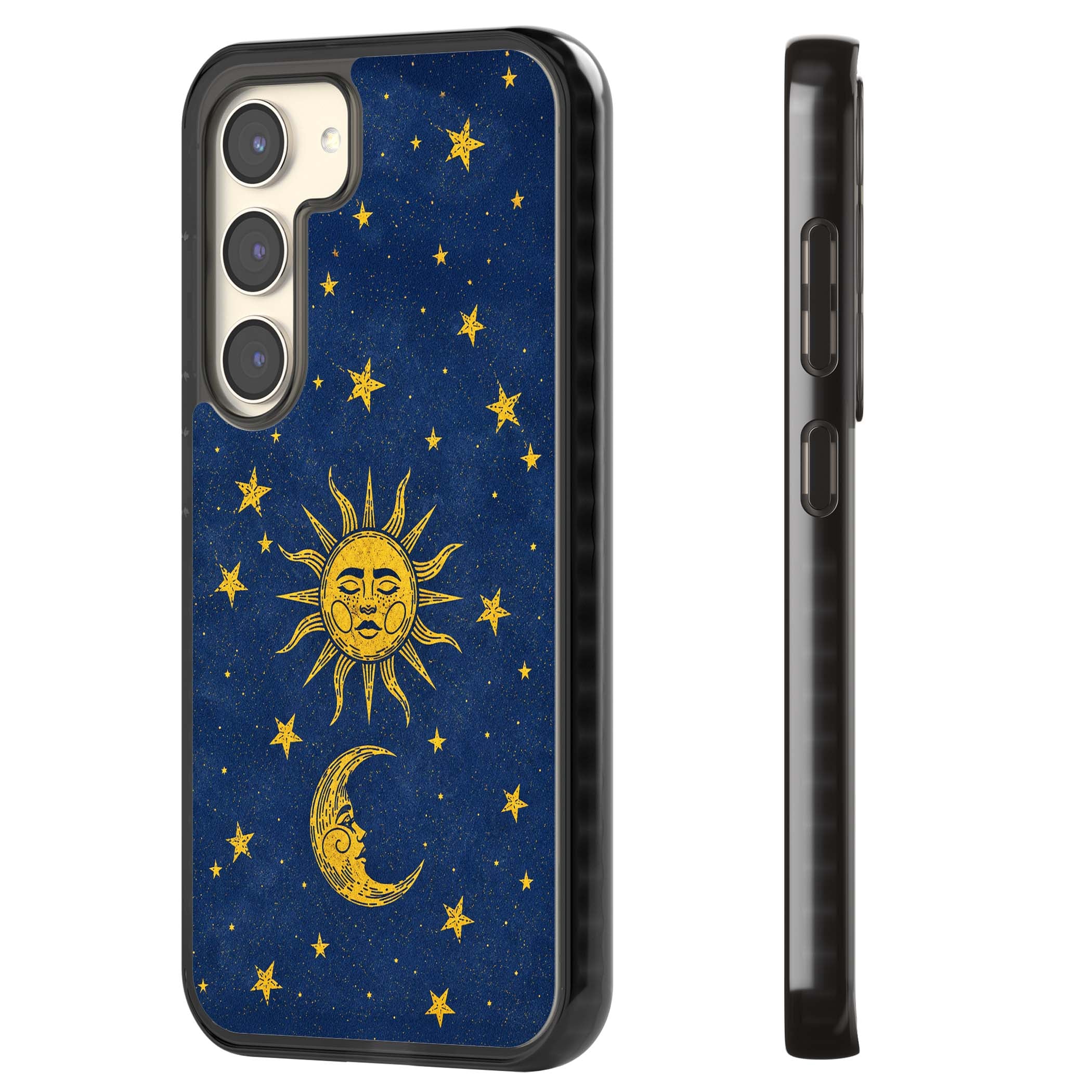 Sun & Moon Reverie celestial iPhone case featuring a vintage golden sun, crescent moon and scattered stars on midnight blue | Black Impact case for Samsung Galaxy S24, Samsung Galaxy S23, Samsung Galaxy S22