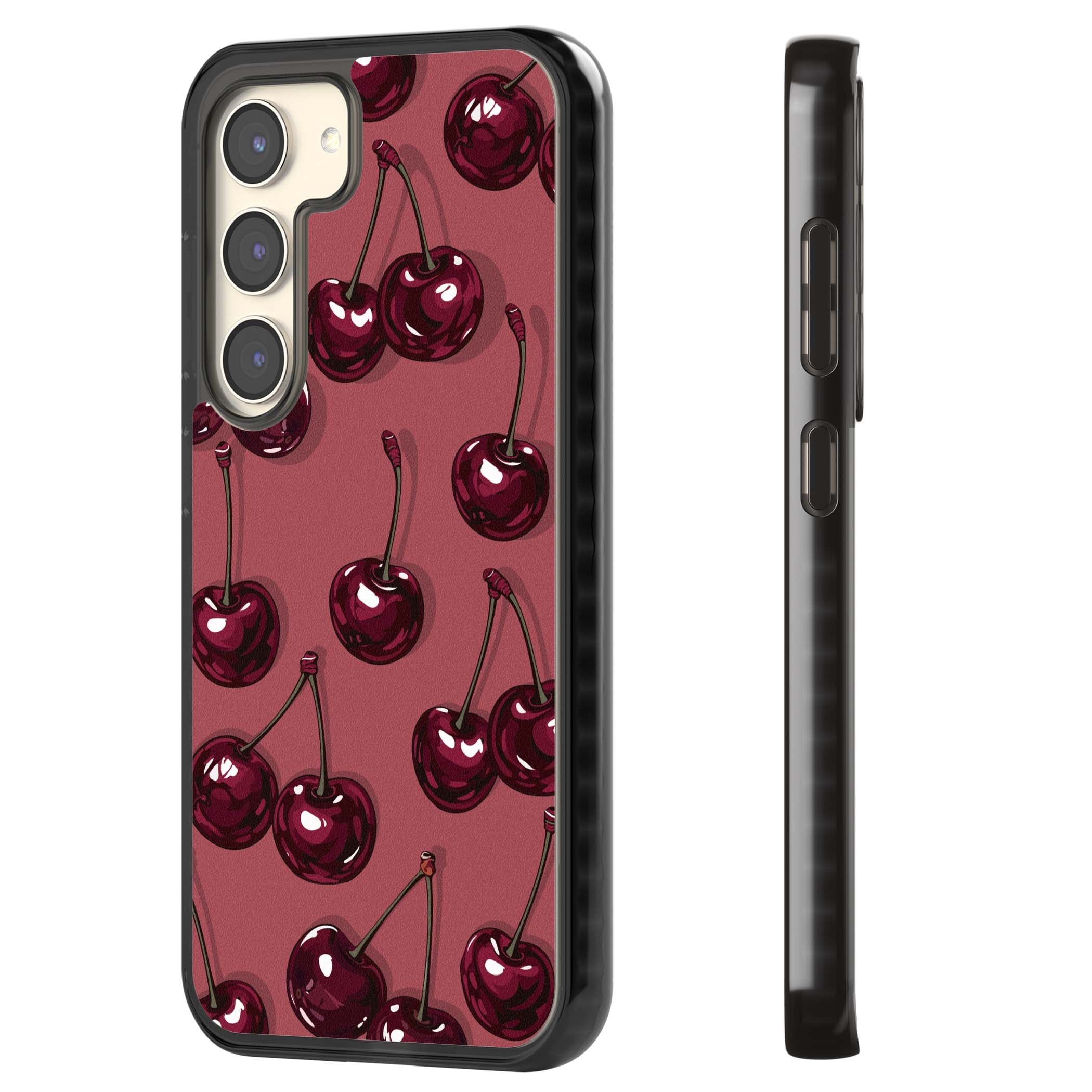 Cherry Rebel coquette iPhone case featuring glossy burgundy cherries on a dusty rose background | Black Impact case for Samsung Galaxy S24, Samsung Galaxy S23, Samsung Galaxy S22