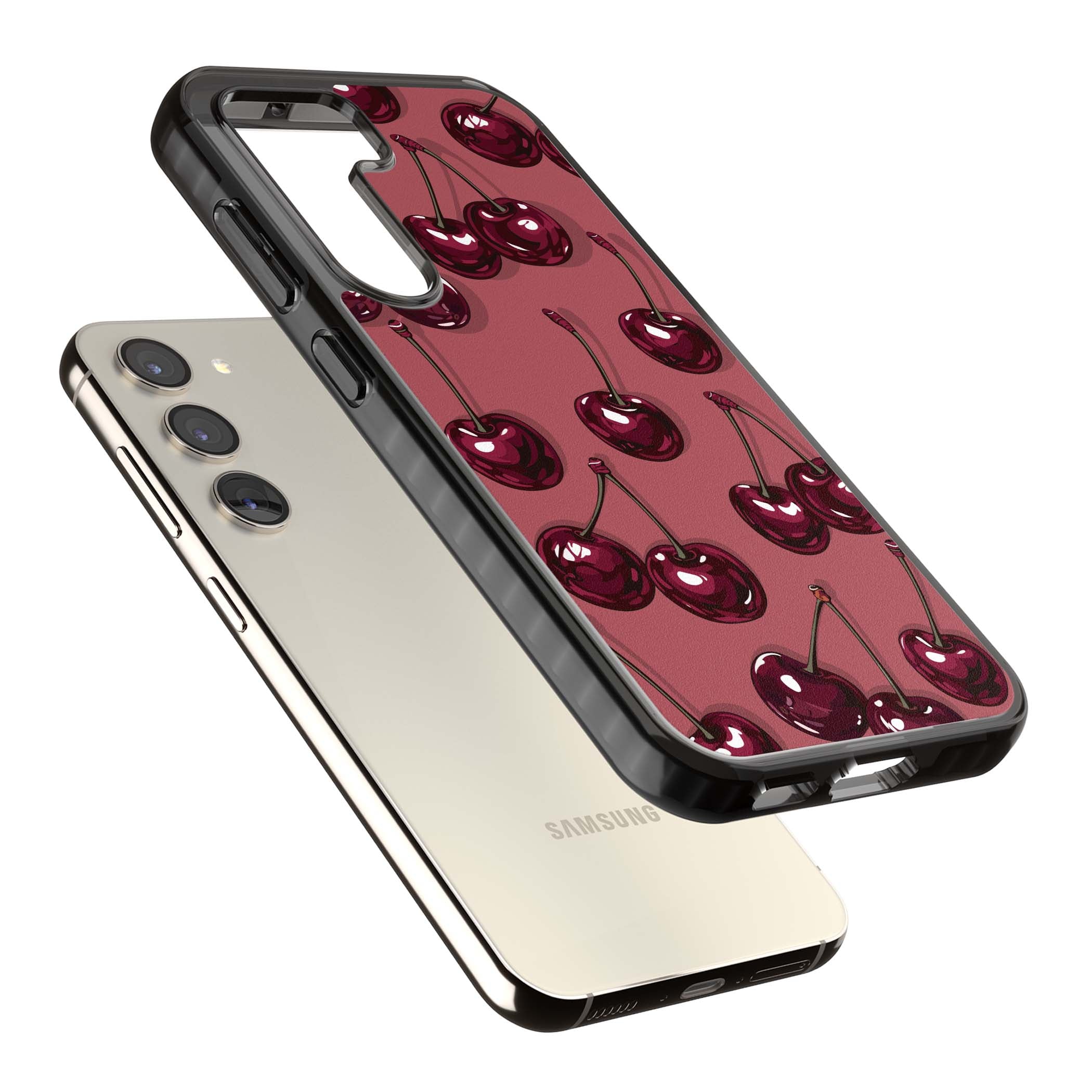 Cherry Rebel coquette iPhone case featuring glossy burgundy cherries on a dusty rose background | Black Impact case for Samsung Galaxy S24, Samsung Galaxy S23, Samsung Galaxy S22