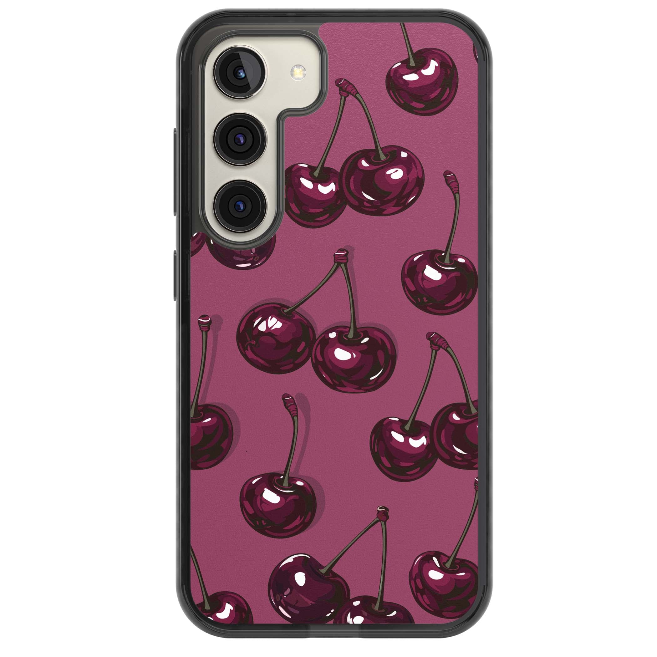 Cherry Soda coquette iPhone case featuring glossy burgundy cherries on a dusty pink background | Black Impact case for Samsung Galaxy S24, Samsung Galaxy S23, Samsung Galaxy S22