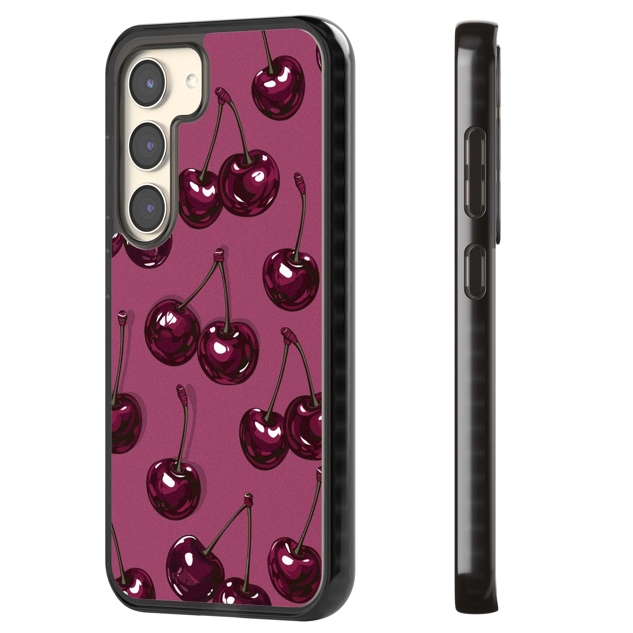 Cherry Soda coquette iPhone case featuring glossy burgundy cherries on a dusty pink background | Black Impact case for Samsung Galaxy S24, Samsung Galaxy S23, Samsung Galaxy S22