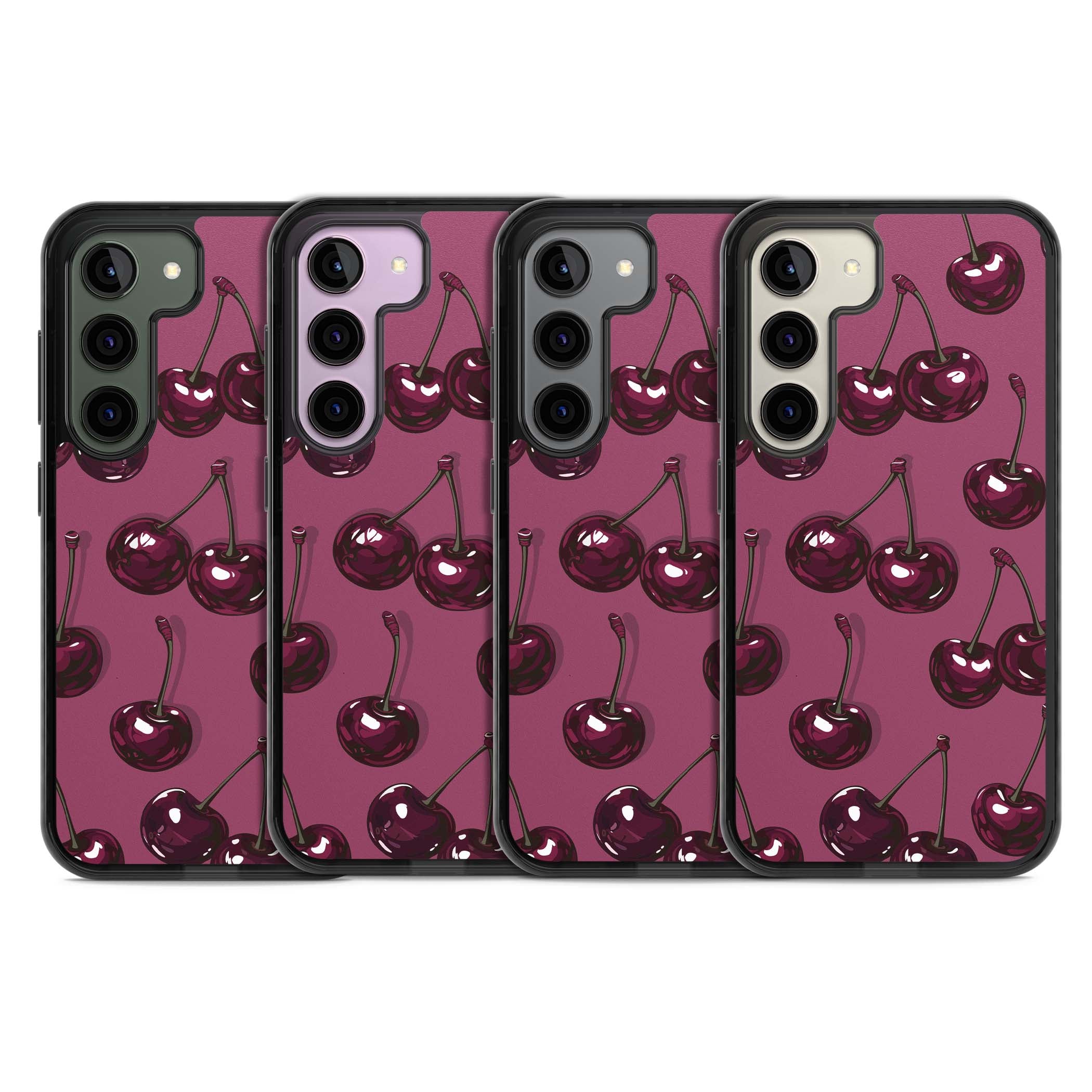 Cherry Soda coquette iPhone case featuring glossy burgundy cherries on a dusty pink background | Black Impact case for Samsung Galaxy S24, Samsung Galaxy S23, Samsung Galaxy S22