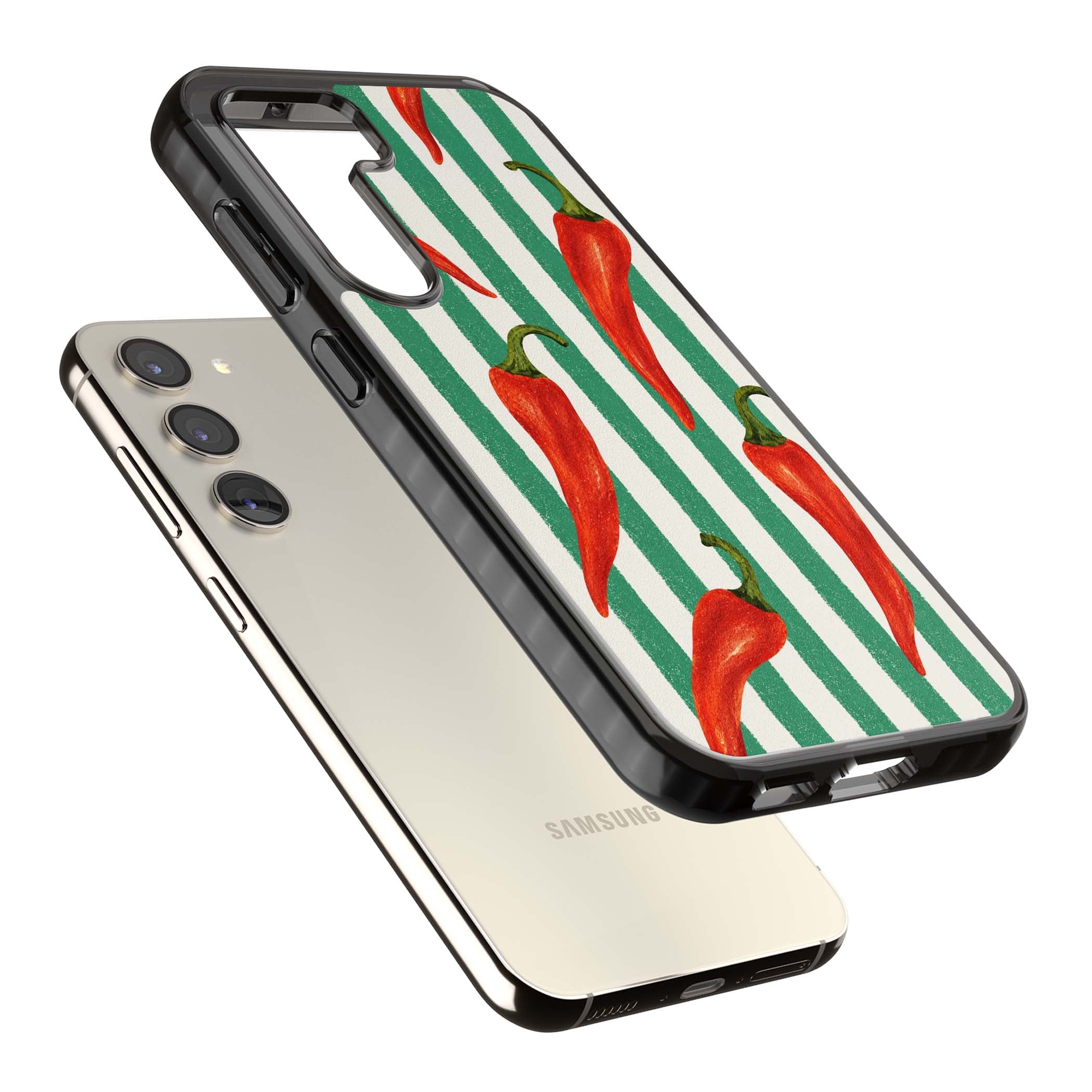 Striped Chillis coastal iPhone case featuring hand-painted red chili peppers on green and cream stripes | Black Impact case for Samsung Galaxy S24, Samsung Galaxy S23, Samsung Galaxy S22