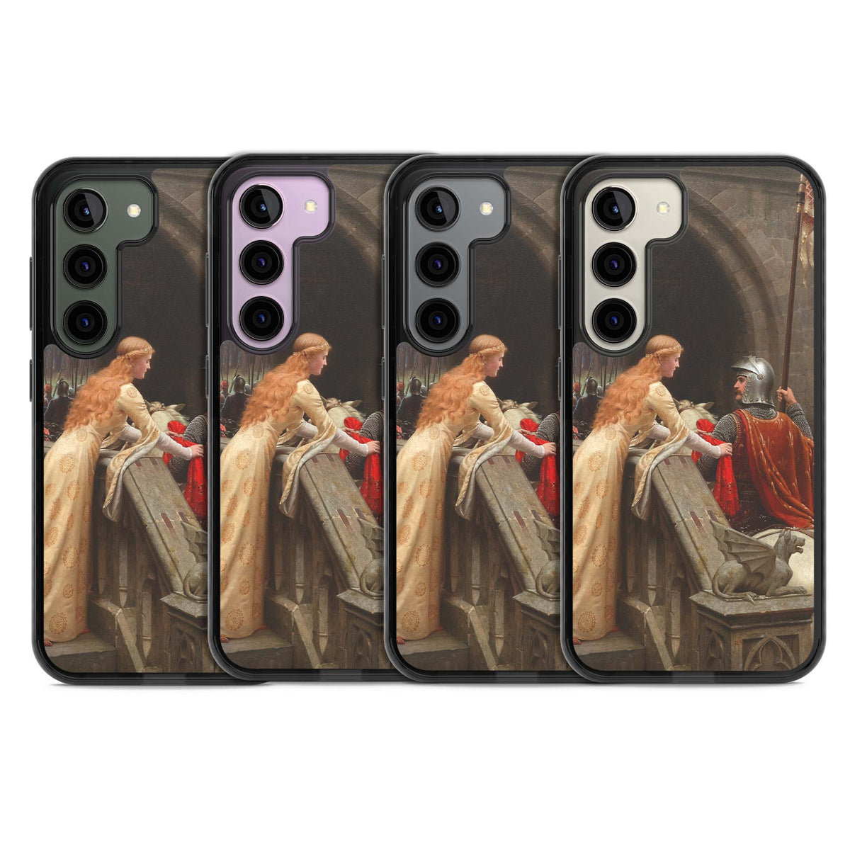 God Speed fine art iPhone case featuring Edmund Blair Leighton's medieval knight and lady beneath a stone archway | Black Impact case for Samsung Galaxy S24, Samsung Galaxy S23, Samsung Galaxy S22