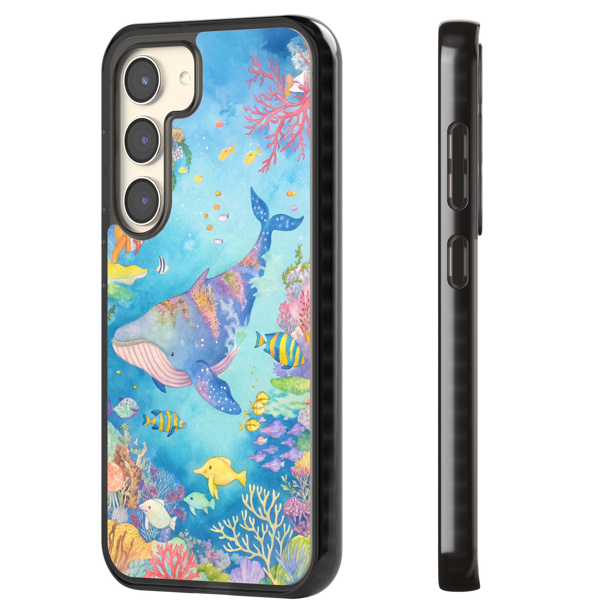Coral Lagoon ocean iPhone case featuring a watercolour whale, coral reef and tropical fish | Black Impact case for Samsung Galaxy S24, Samsung Galaxy S23, Samsung Galaxy S22
