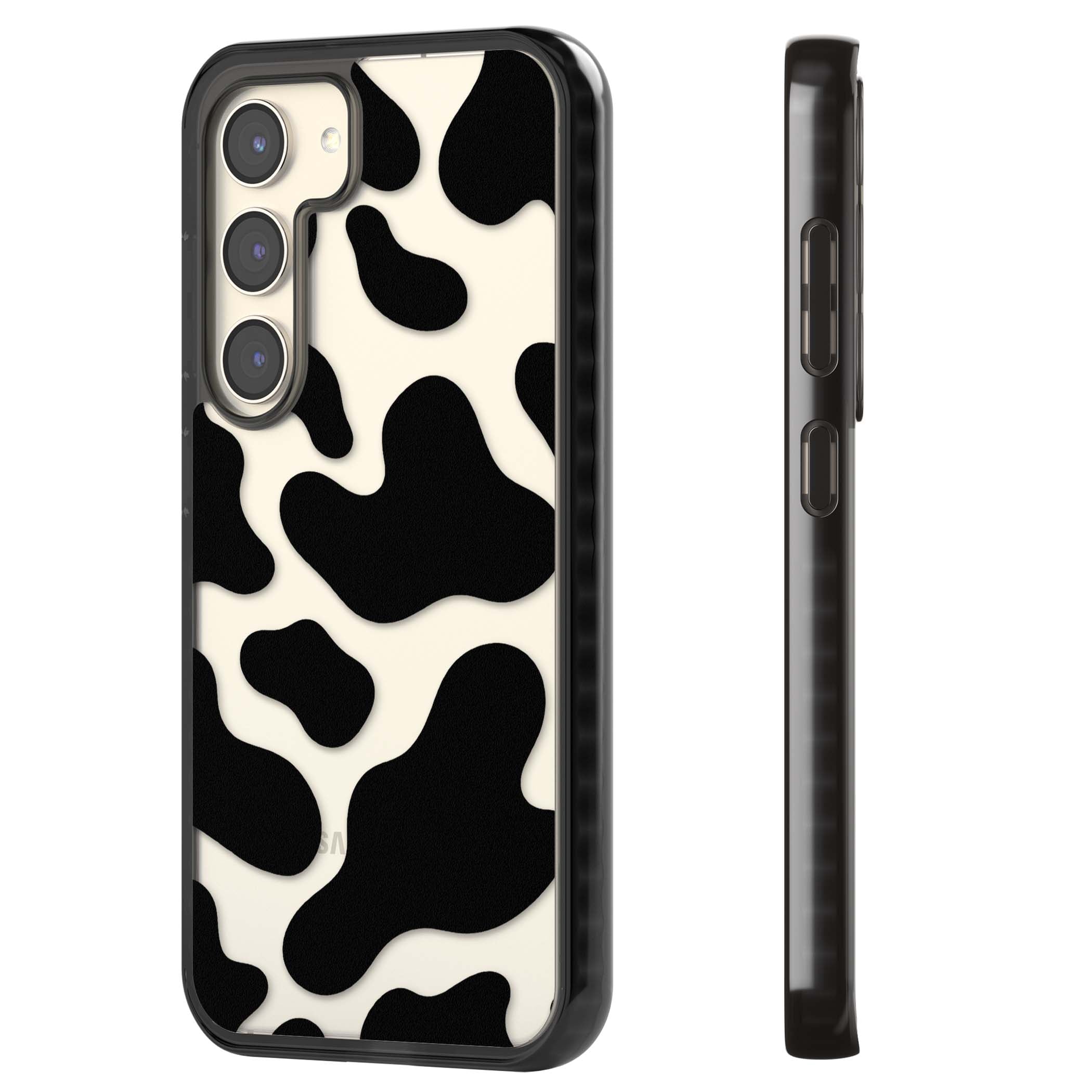 Clear Cow Print cow print iPhone case featuring black and white cow pattern splotches on a clear background | Black Impact case for Samsung Galaxy S24, Samsung Galaxy S23, Samsung Galaxy S22