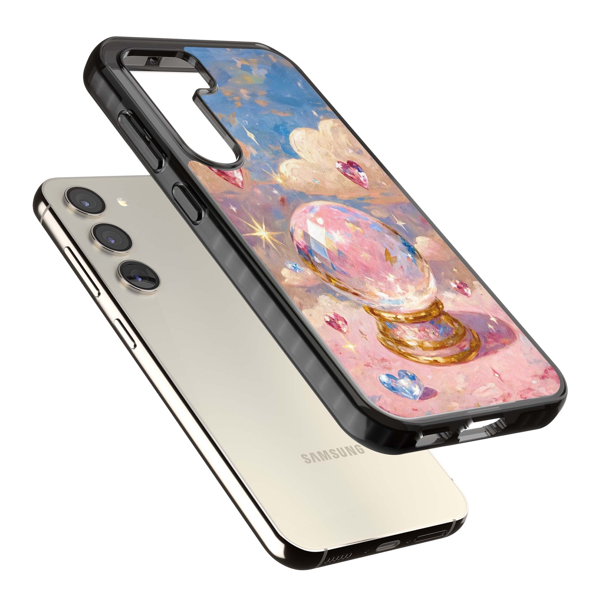 Crystal Ball fairycore iPhone case featuring a painted crystal ball, heart gemstones, and pastel clouds | Black Impact case for Samsung Galaxy S24, Samsung Galaxy S23, Samsung Galaxy S22