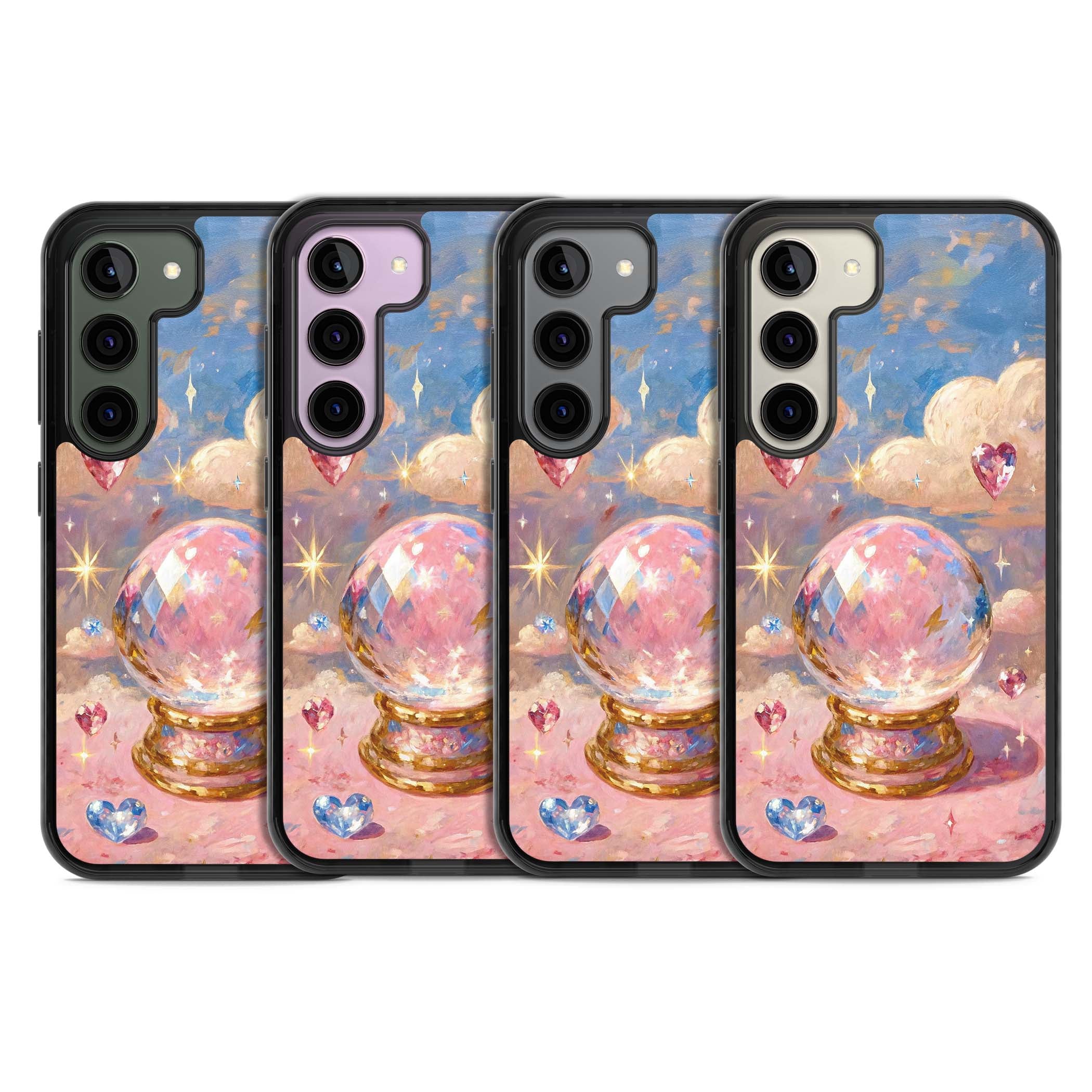 Crystal Ball fairycore iPhone case featuring a painted crystal ball, heart gemstones, and pastel clouds | Black Impact case for Samsung Galaxy S24, Samsung Galaxy S23, Samsung Galaxy S22
