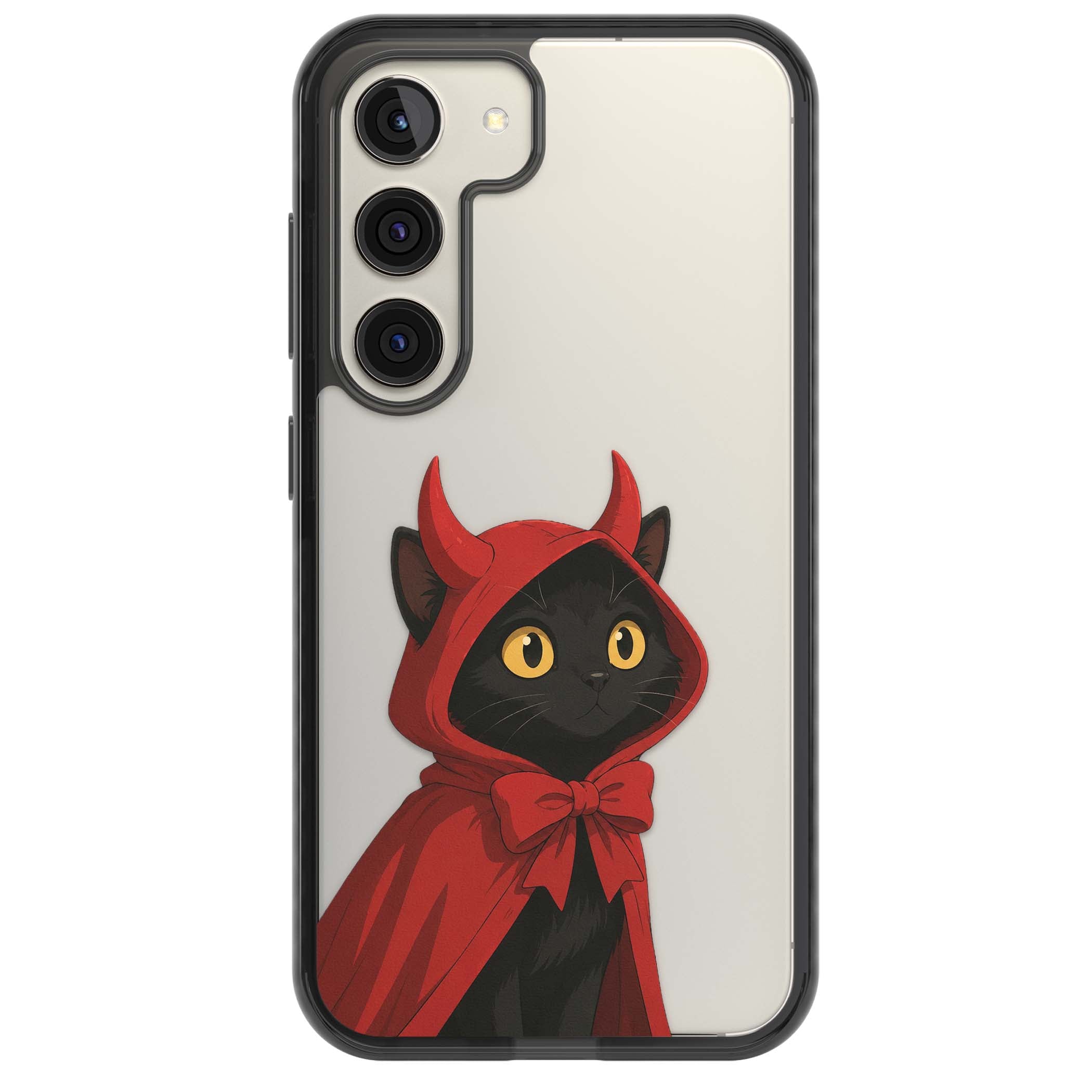 Little Devil halloween iPhone case featuring a black cat in a red hooded devil cloak with horns and golden eyes | Black Impact case for Samsung Galaxy S24, Samsung Galaxy S23, Samsung Galaxy S22