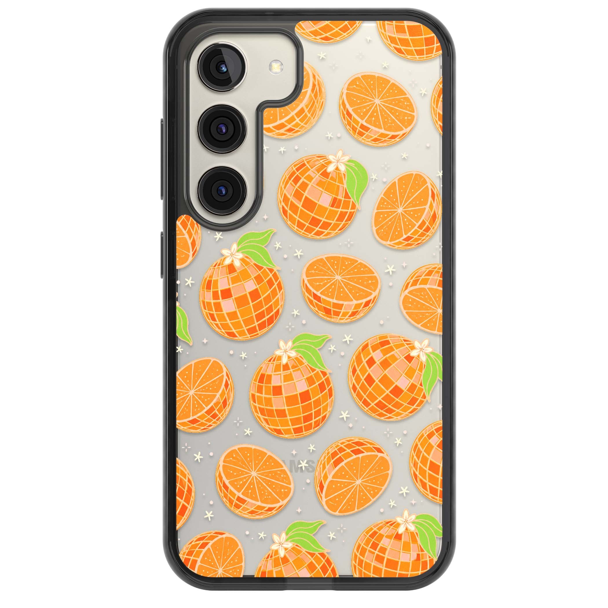 Disco Oranges retro iPhone case featuring mirrorball oranges, citrus slices and tiny blossoms on clear | Black Impact case for Samsung Galaxy S24, Samsung Galaxy S23, Samsung Galaxy S22