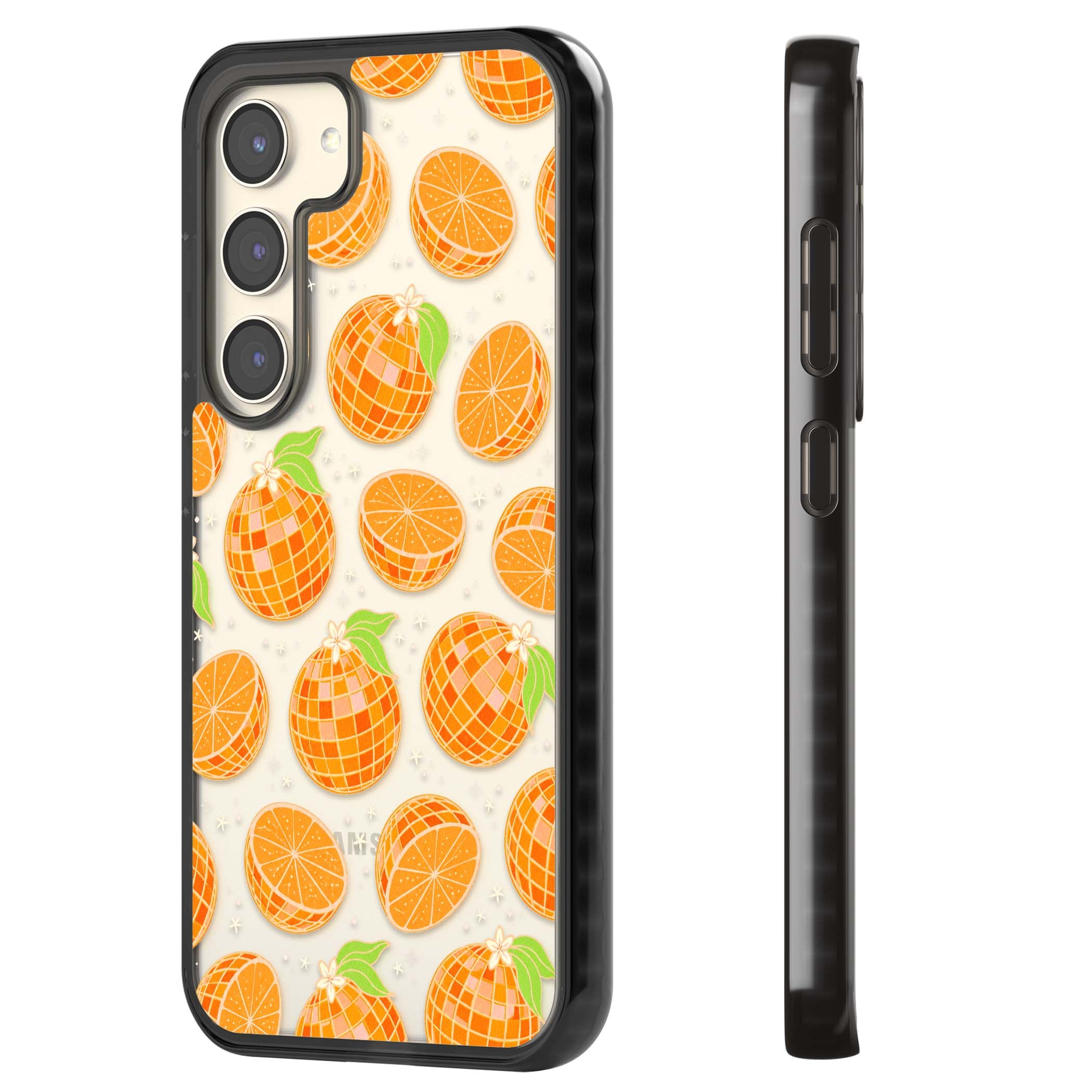 Disco Oranges retro iPhone case featuring mirrorball oranges, citrus slices and tiny blossoms on clear | Black Impact case for Samsung Galaxy S24, Samsung Galaxy S23, Samsung Galaxy S22