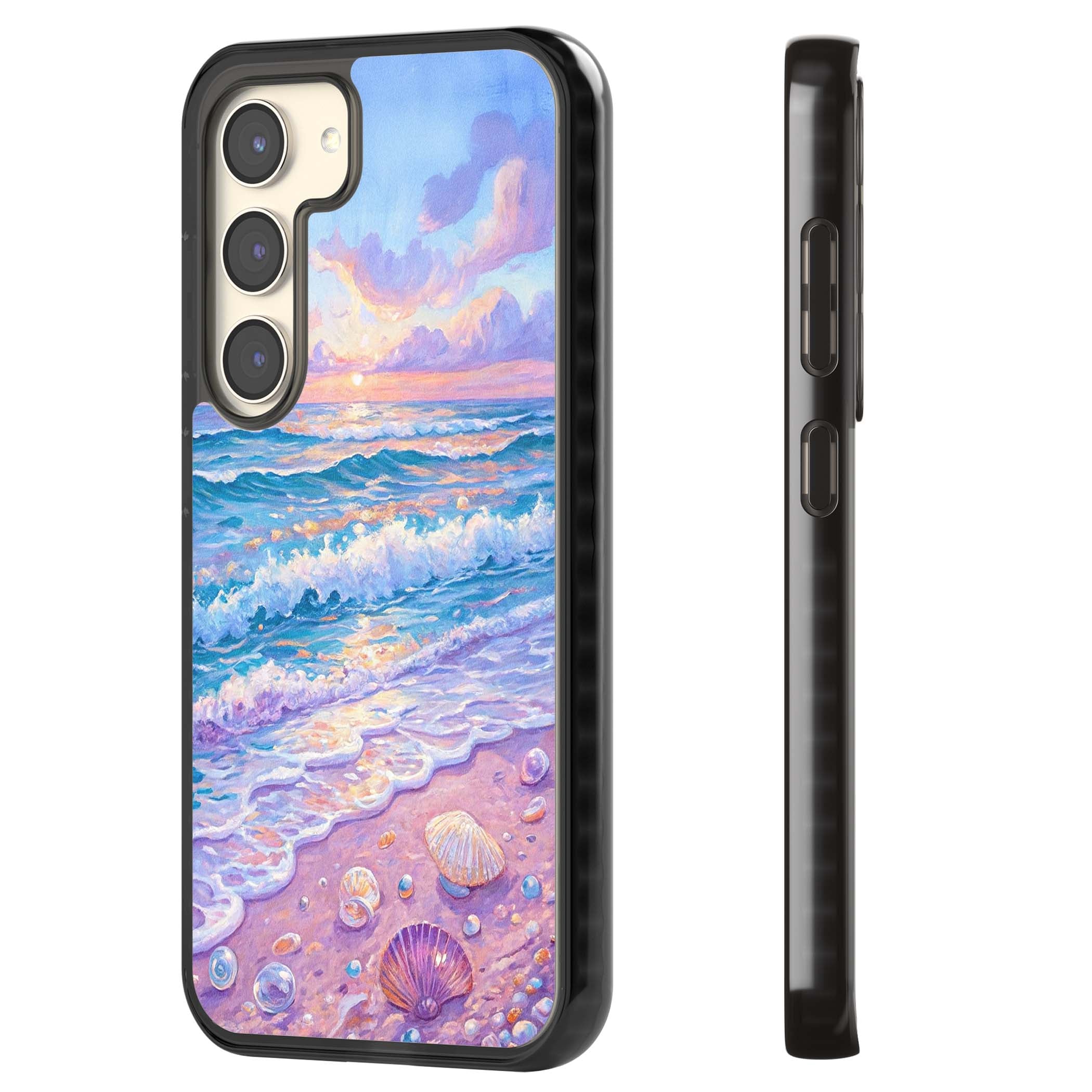 Pearl Shore coastal iPhone case featuring pastel painted waves, seashells, and a sunrise sky over a lavender beach. | Black Impact case for Samsung Galaxy S24, Samsung Galaxy S23, Samsung Galaxy S22