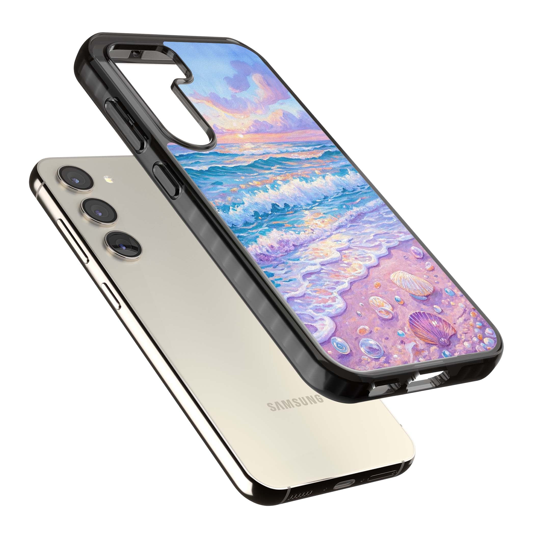 Pearl Shore coastal iPhone case featuring pastel painted waves, seashells, and a sunrise sky over a lavender beach. | Black Impact case for Samsung Galaxy S24, Samsung Galaxy S23, Samsung Galaxy S22