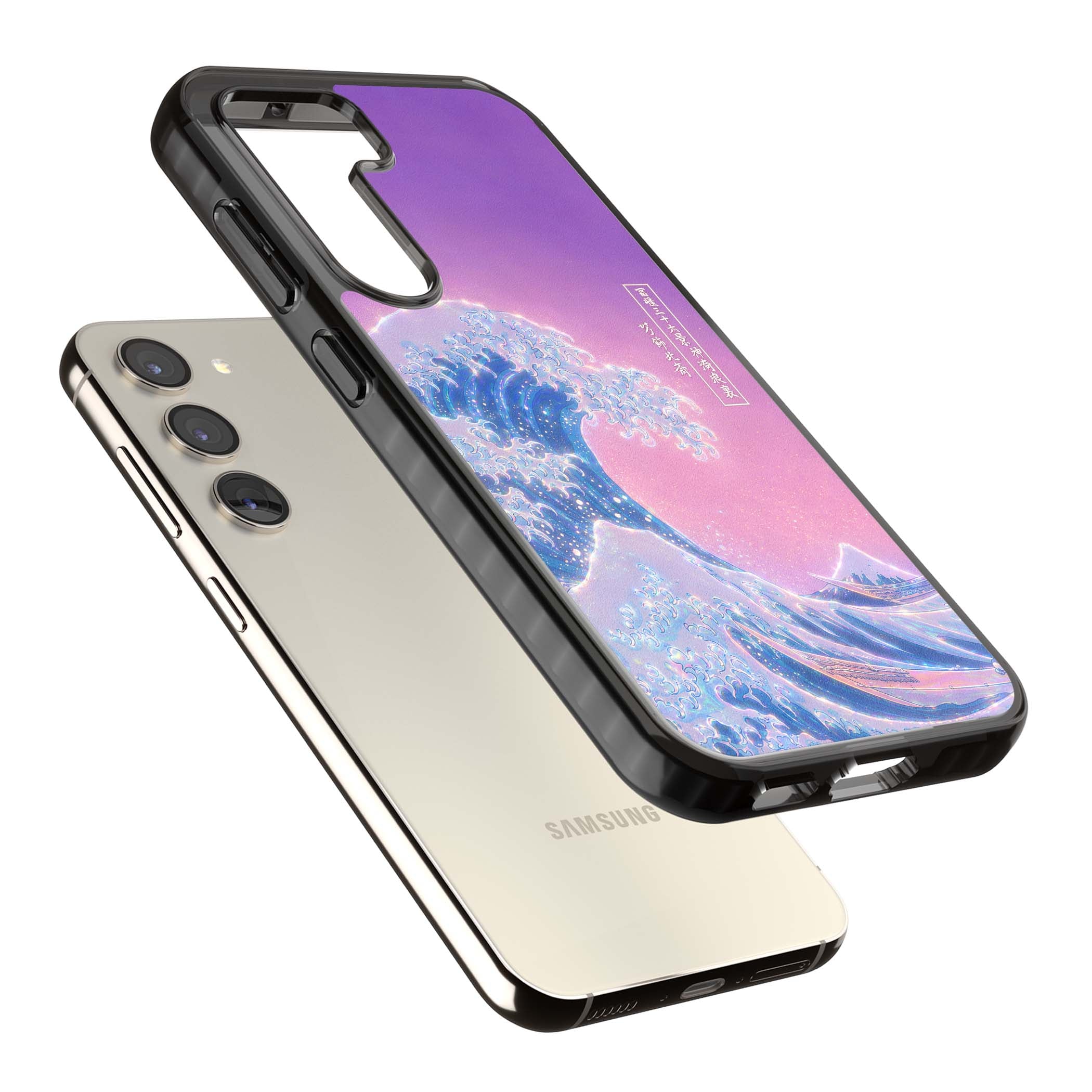The Great Opal Wave Japanese iPhone case featuring Hokusai's great wave in iridescent pastels with lilac sky and Mou | Black Impact case for Samsung Galaxy S24, Samsung Galaxy S23, Samsung Galaxy S22