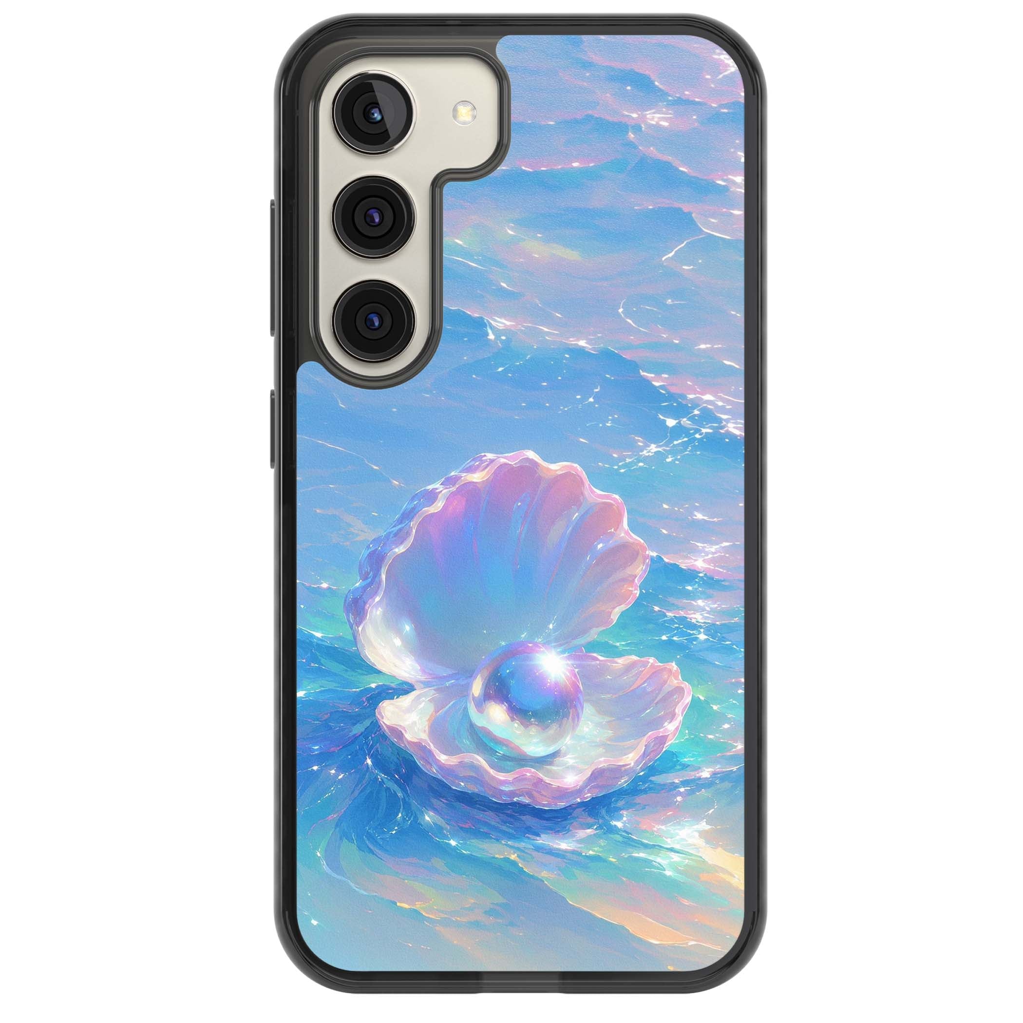The Pearl Clam mermaidcore iPhone case featuring iridescent seashell, glowing pearl and pastel ocean waves | Black Impact case for Samsung Galaxy S24, Samsung Galaxy S23, Samsung Galaxy S22