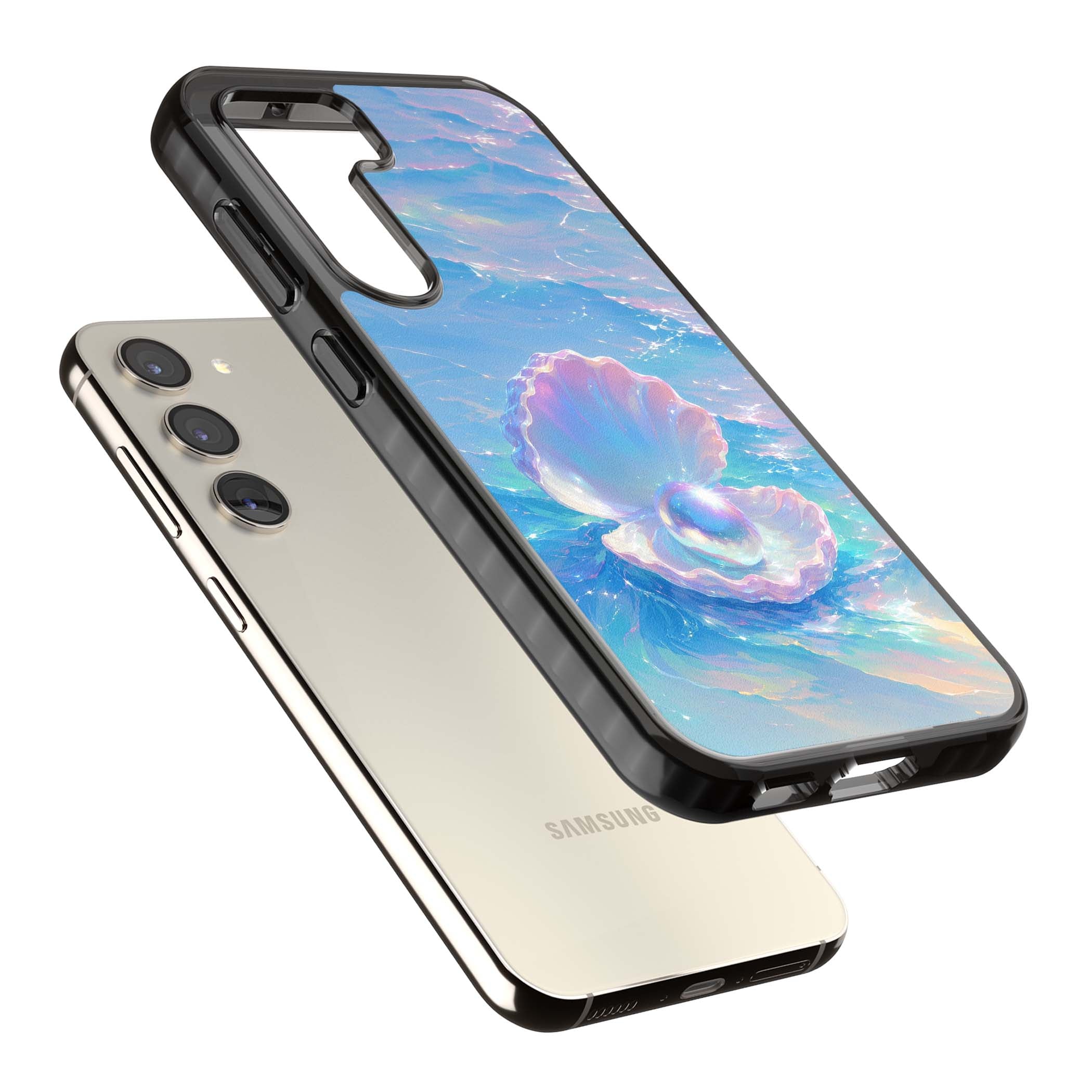 The Pearl Clam mermaidcore iPhone case featuring iridescent seashell, glowing pearl and pastel ocean waves | Black Impact case for Samsung Galaxy S24, Samsung Galaxy S23, Samsung Galaxy S22