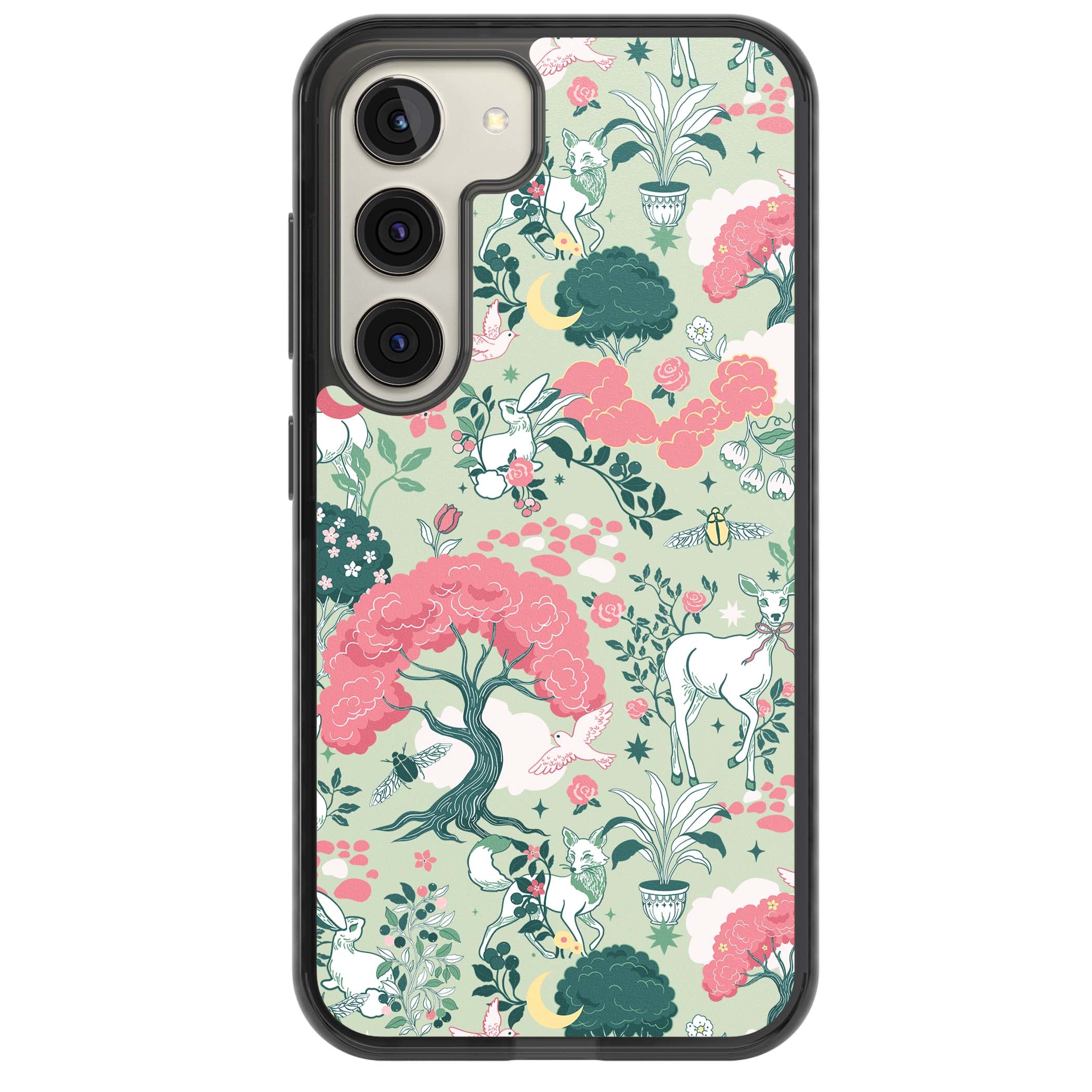 Enchanted Woodland cottagecore iPhone case featuring white deer, pink roses, mushrooms and woodland animals on sage green | Black Impact case for Samsung Galaxy S24, Samsung Galaxy S23, Samsung Galaxy S22