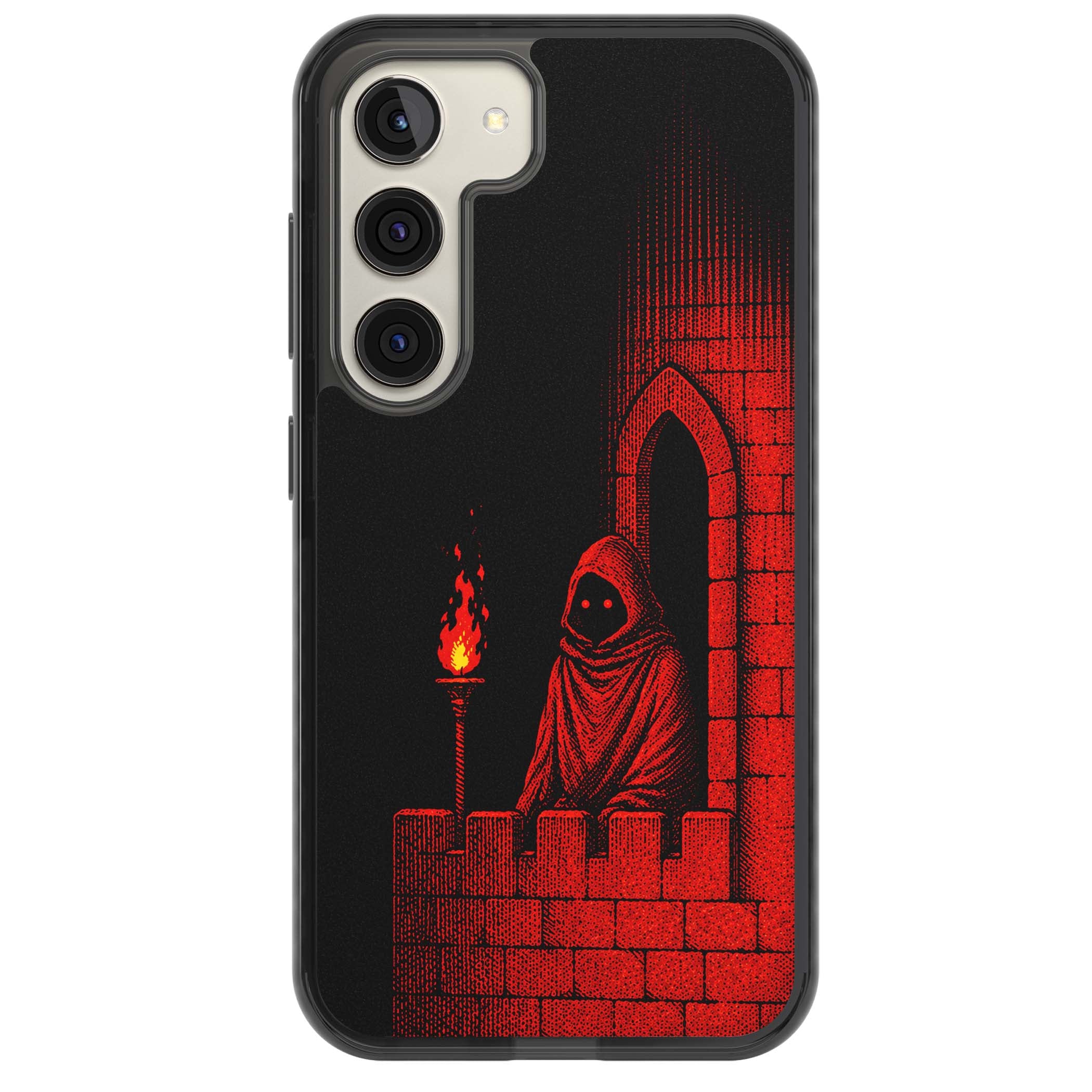 Crimson Crypt gothic iPhone case featuring a hooded reaper, torchlit crypt archway and red halftone horror art | Black Impact case for Samsung Galaxy S24, Samsung Galaxy S23, Samsung Galaxy S22