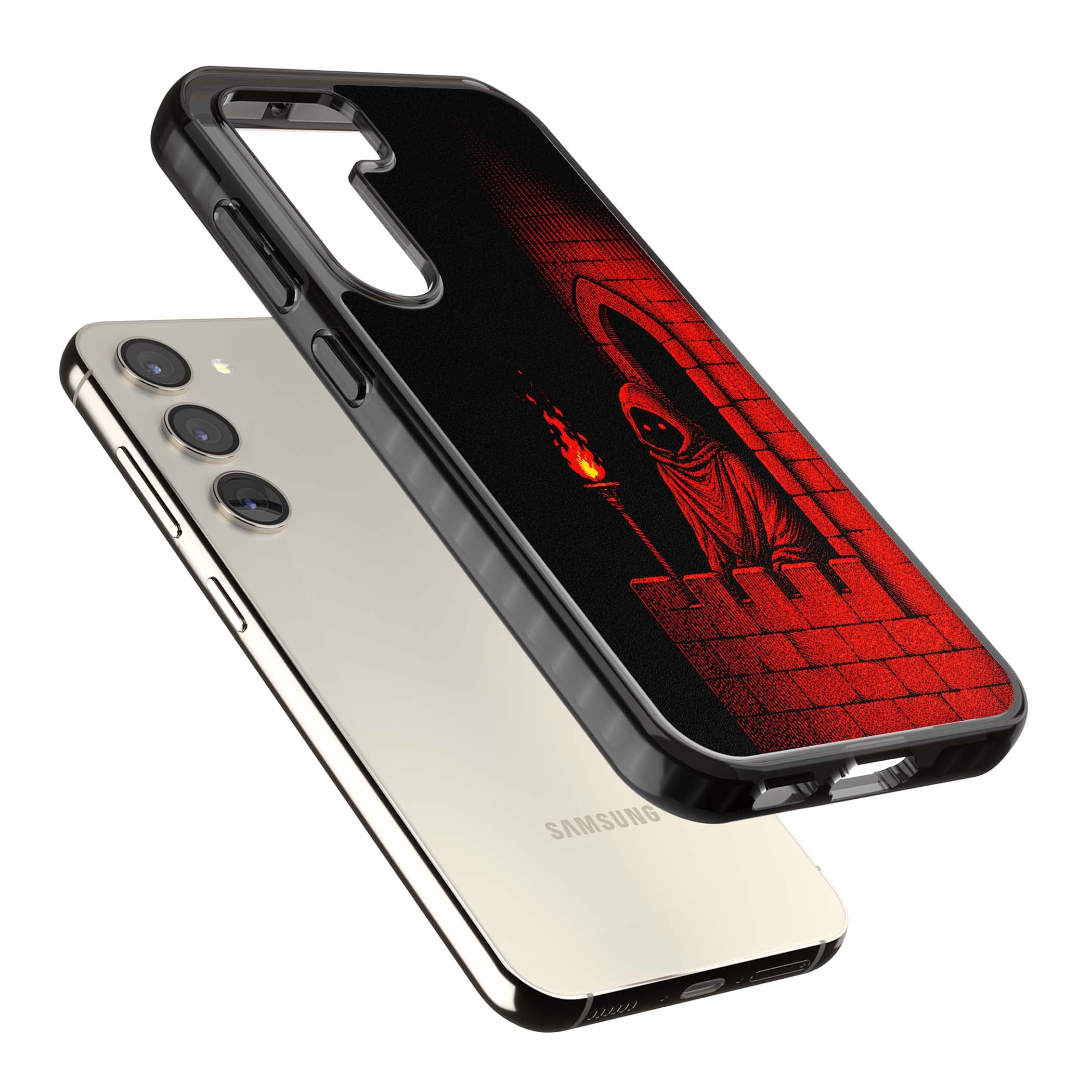 Crimson Crypt gothic iPhone case featuring a hooded reaper, torchlit crypt archway and red halftone horror art | Black Impact case for Samsung Galaxy S24, Samsung Galaxy S23, Samsung Galaxy S22
