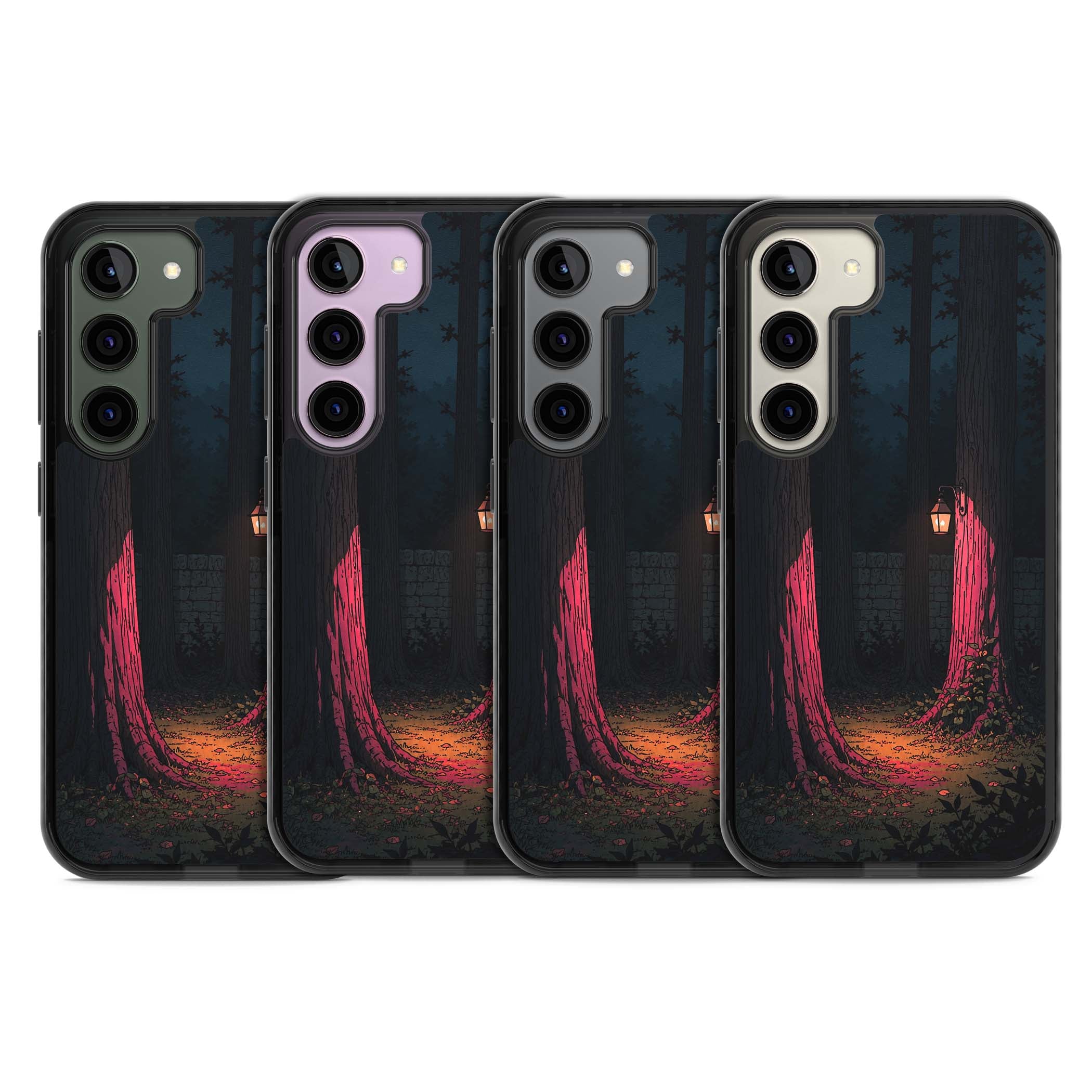 Forest Lantern dark academia iPhone case featuring a moonlit forest, glowing lantern, and stone wall pathway | Black Impact case for Samsung Galaxy S24, Samsung Galaxy S23, Samsung Galaxy S22