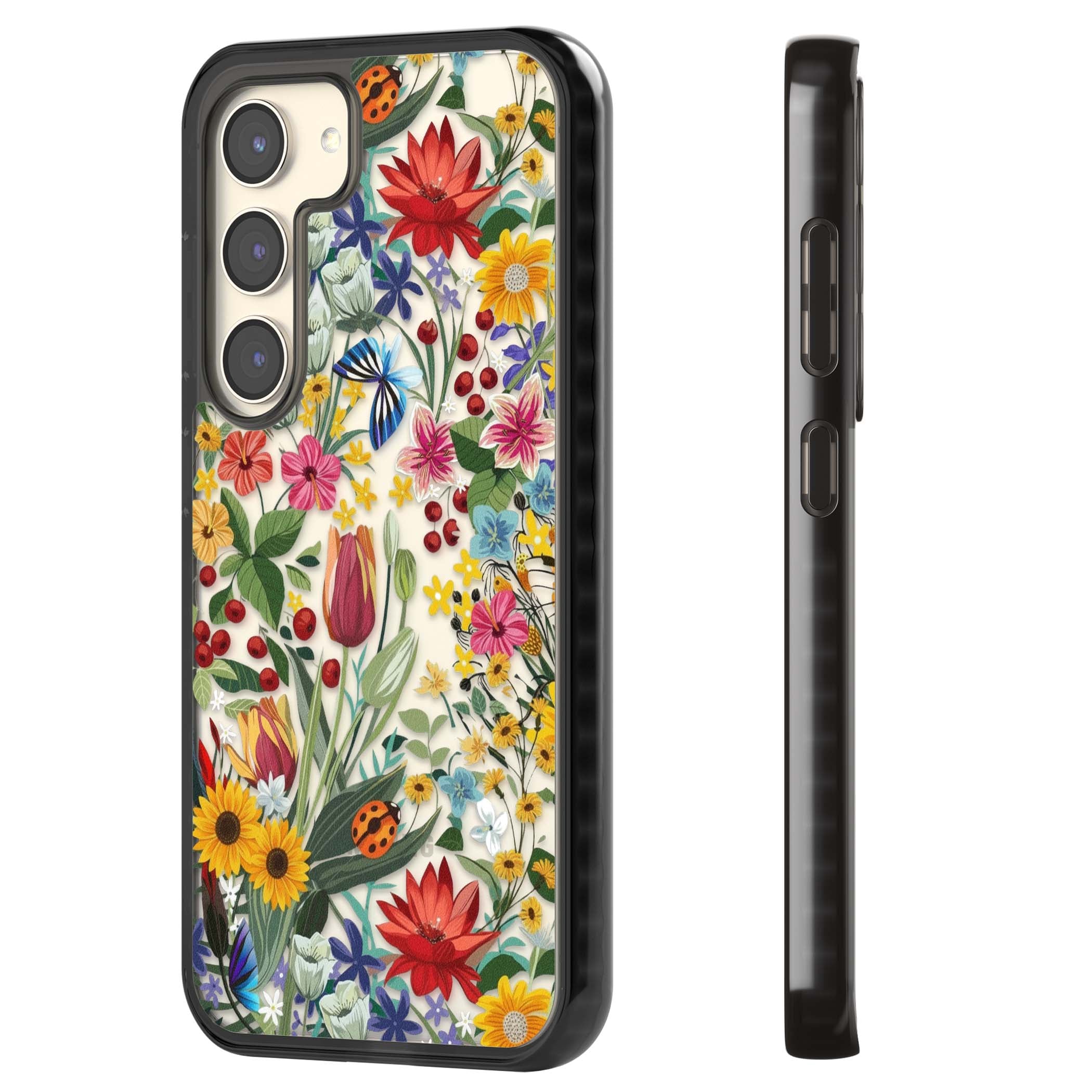 Botanical Bloom cottagecore iPhone case featuring colorful wildflowers, sunflowers, and ladybugs on clear background | Black Impact case for Samsung Galaxy S24, Samsung Galaxy S23, Samsung Galaxy S22