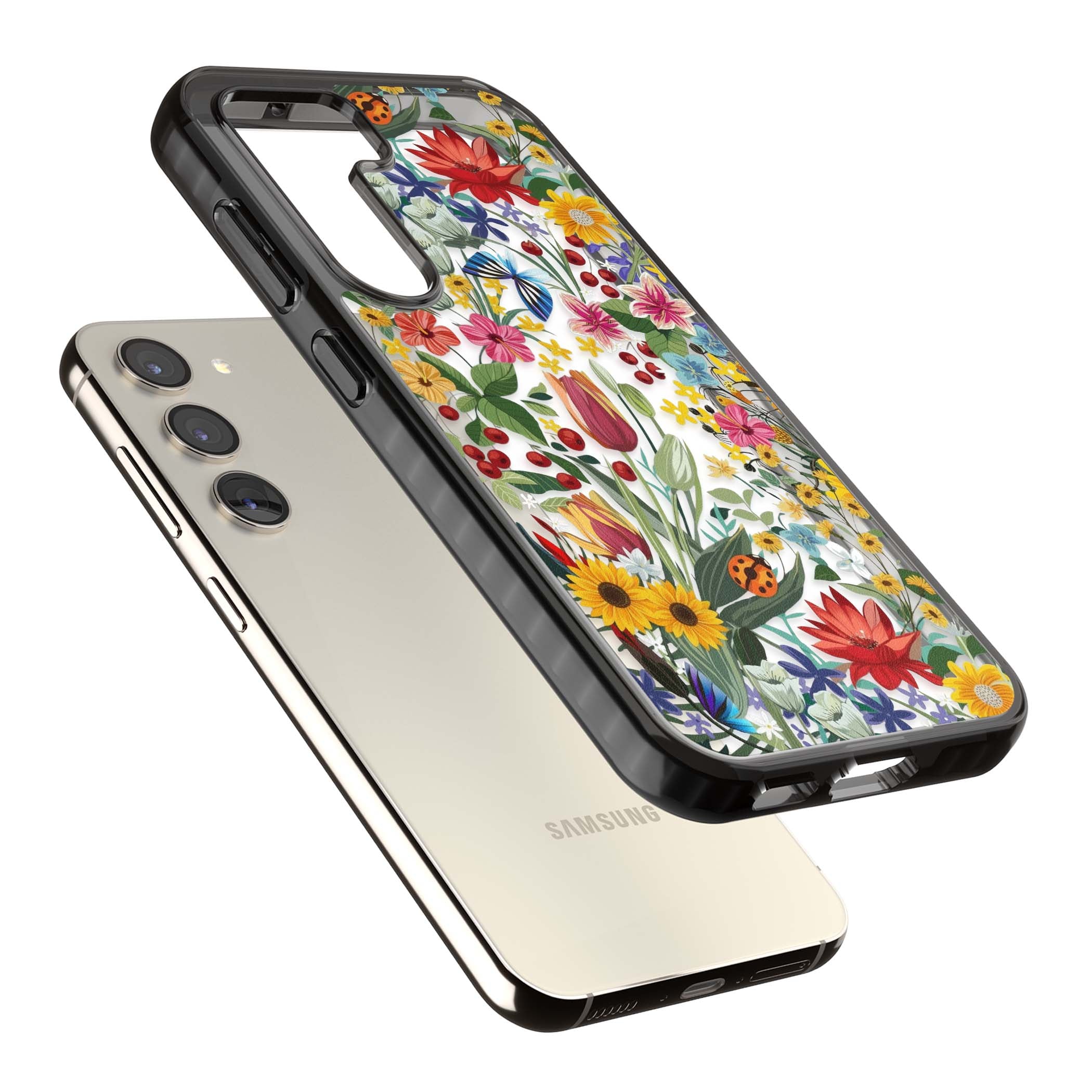 Botanical Bloom cottagecore iPhone case featuring colorful wildflowers, sunflowers, and ladybugs on clear background | Black Impact case for Samsung Galaxy S24, Samsung Galaxy S23, Samsung Galaxy S22